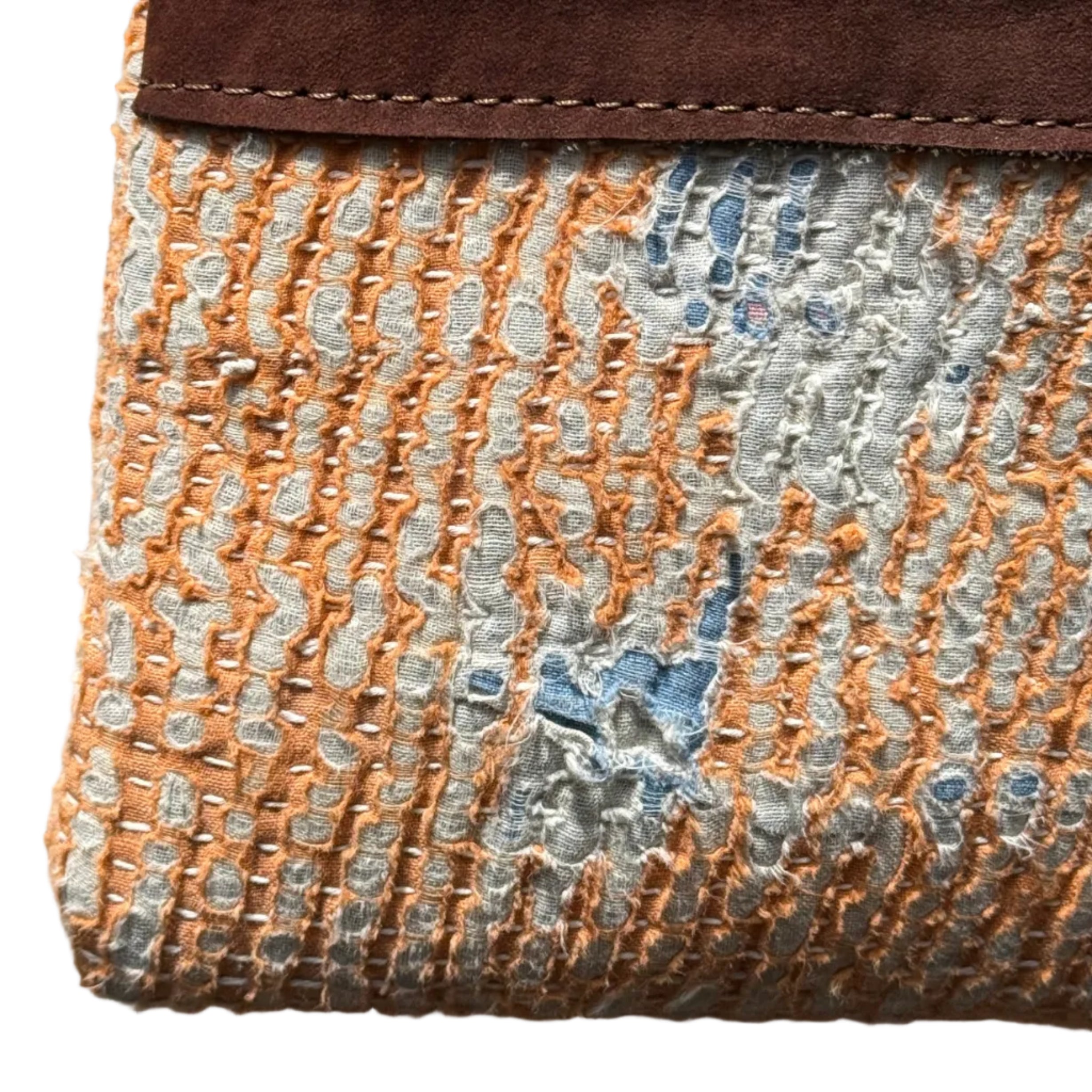 Cross Shoulder Orange Zipper Pouch Kantha and Suede