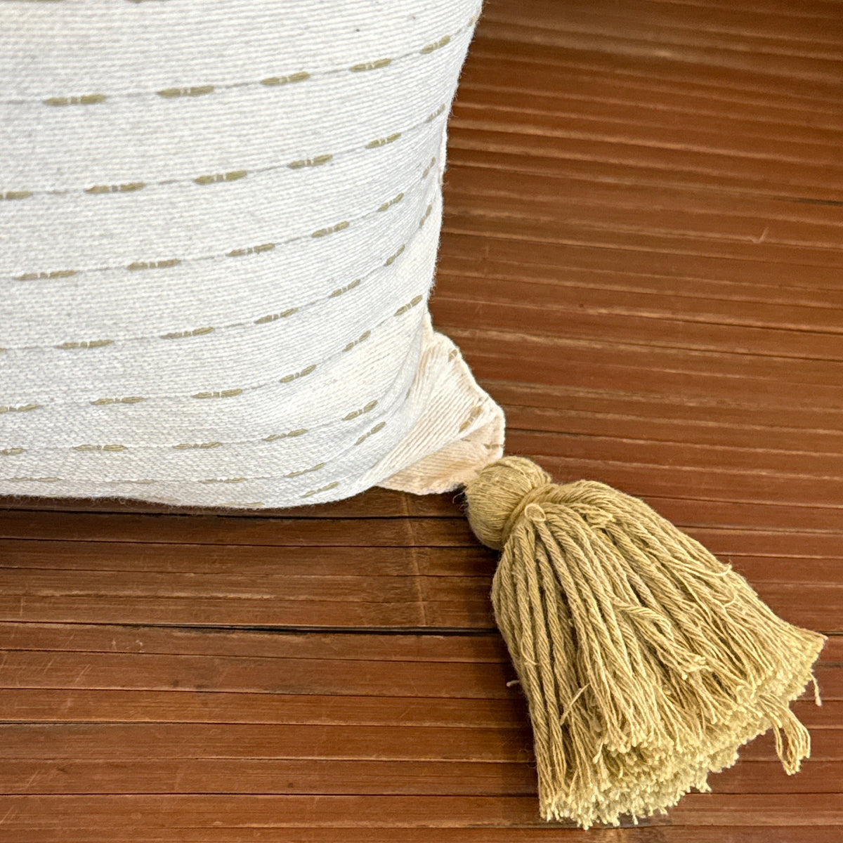 Handwoven Cotton Sage Pillow with Pompoms Mexico