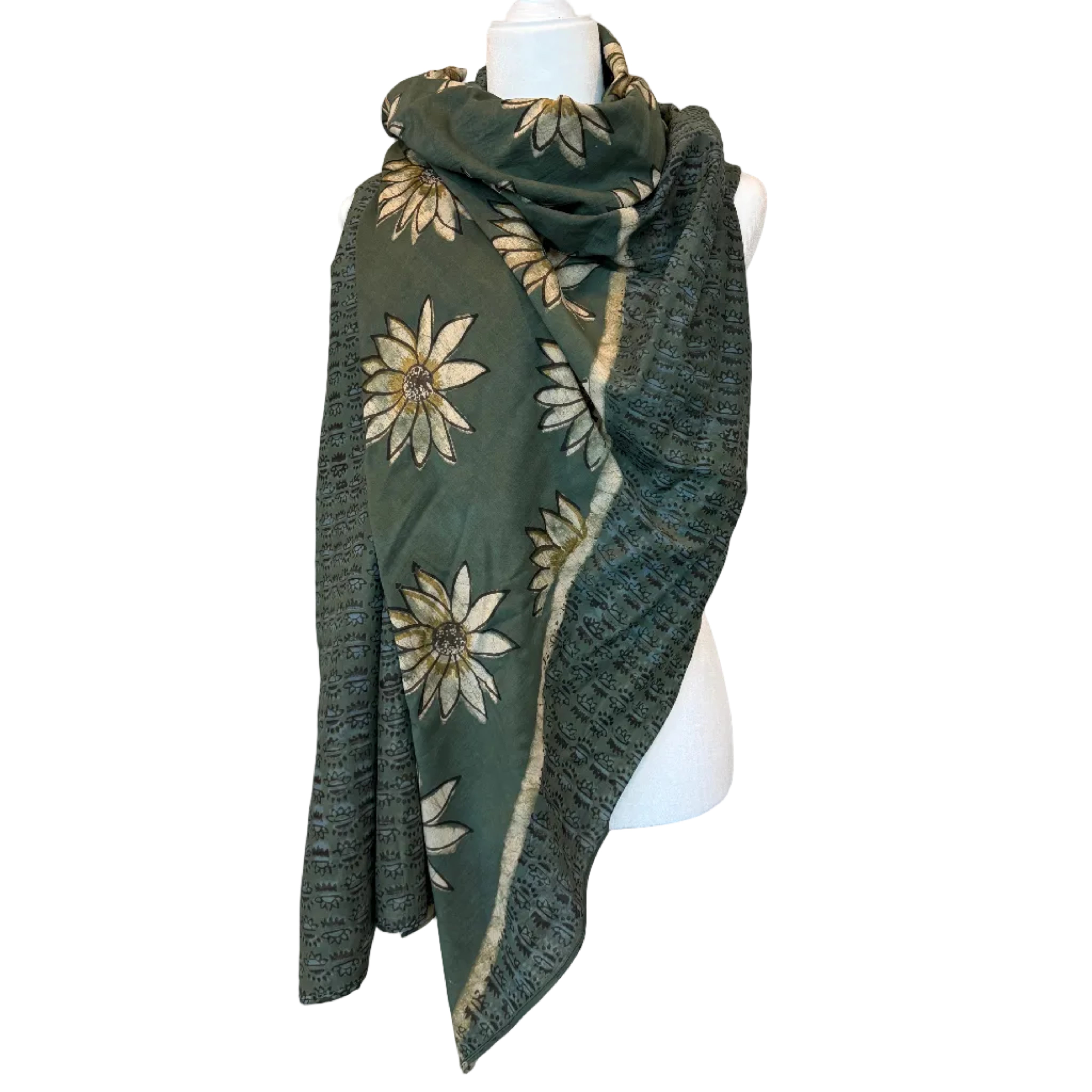 Hand Block Printed Green Silk & Cotton Scarf India