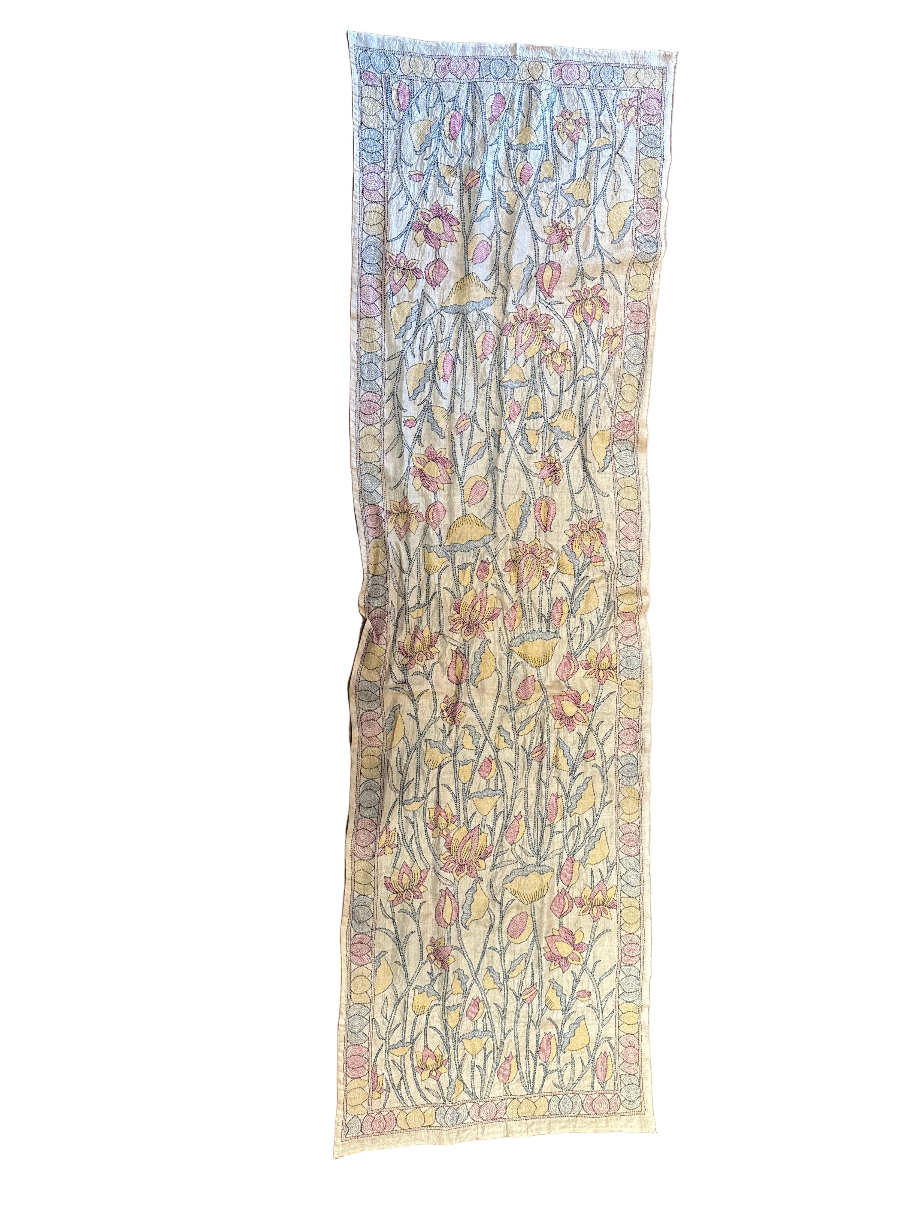 Hand Embroidered Tulip Kantha Silk Scarf India