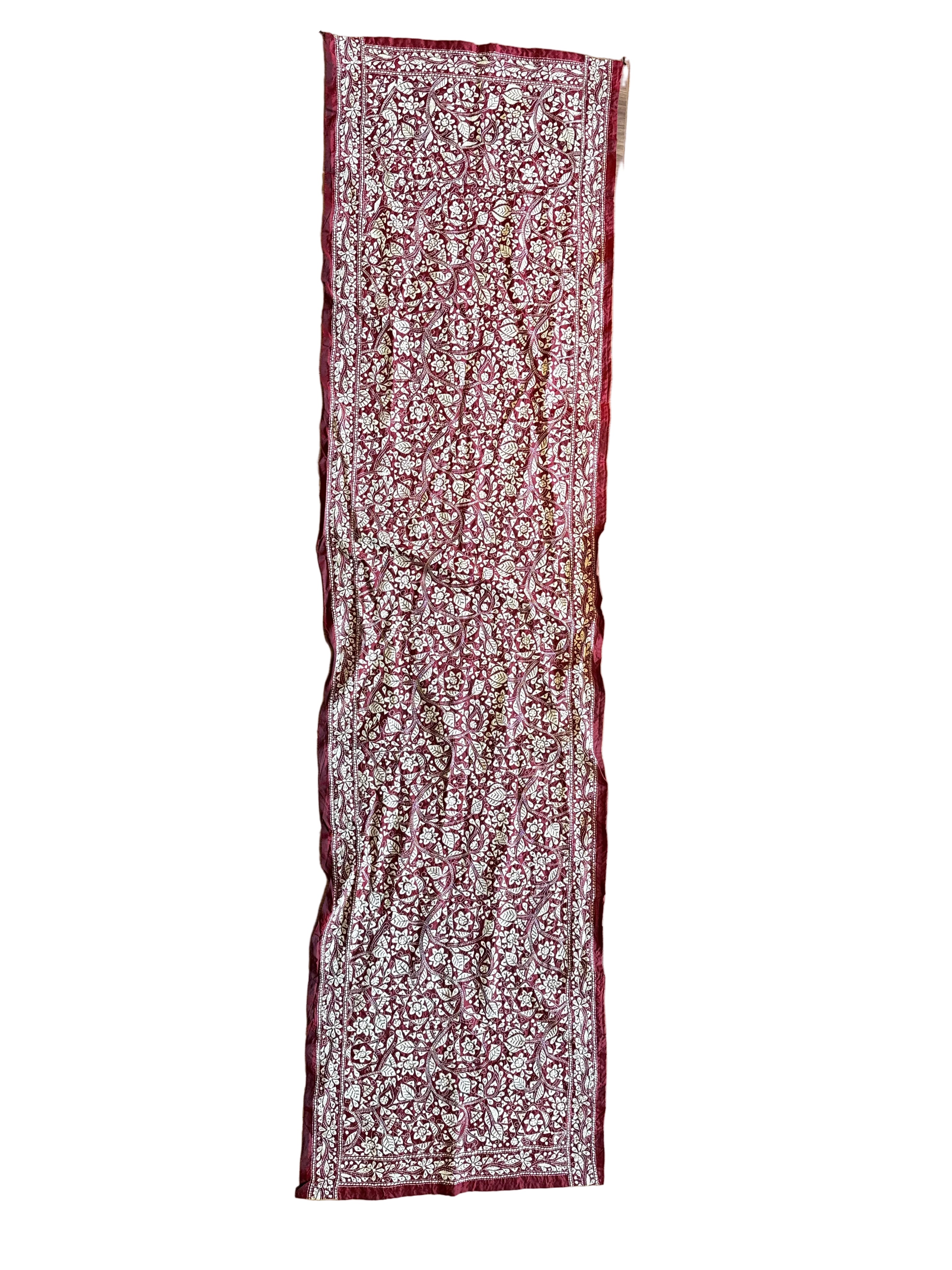 Hand Embroidered Wine Kantha Silk Scarf India
