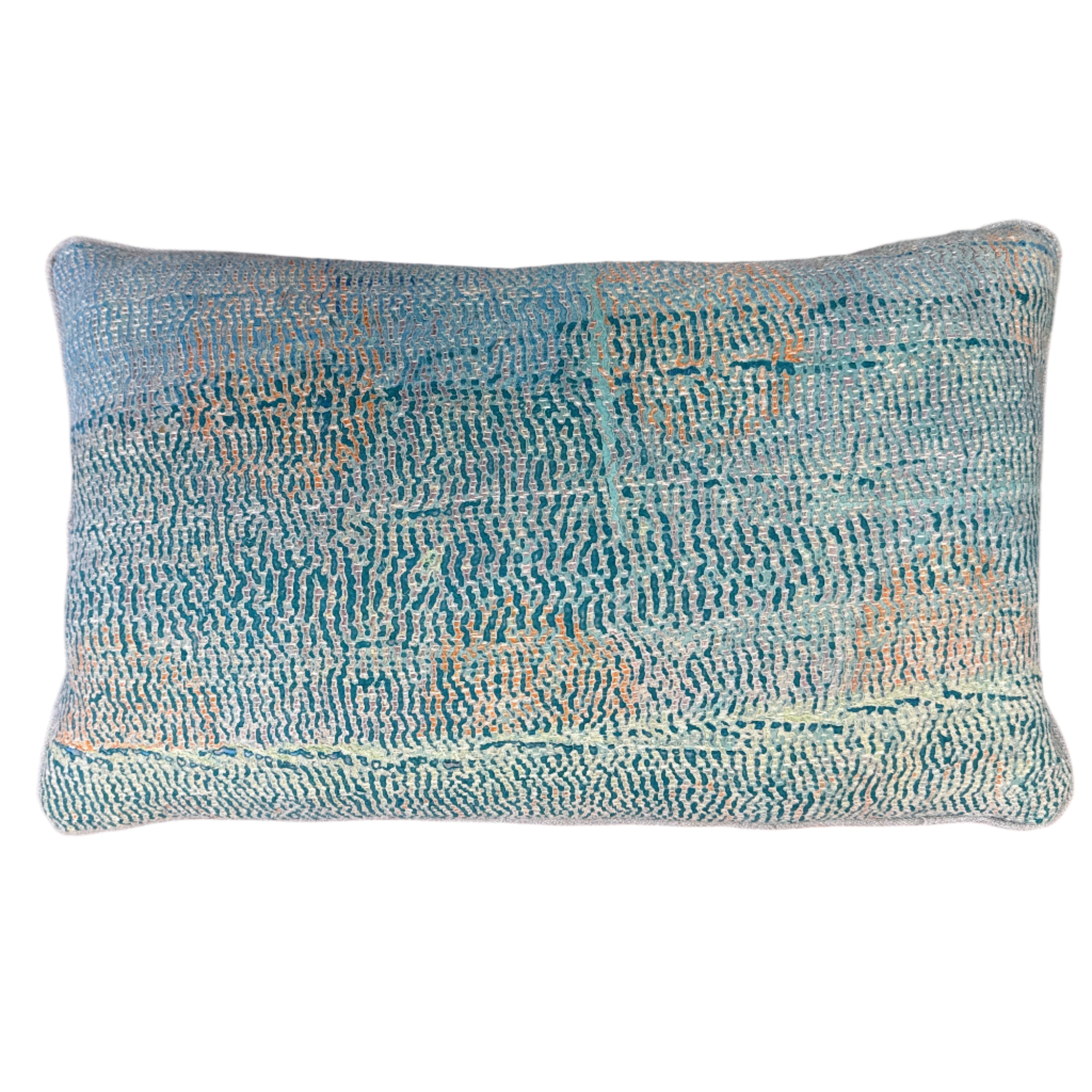 Hand Stitched Kantha Aqua Square Lumbar Pillow India (12 x 20)