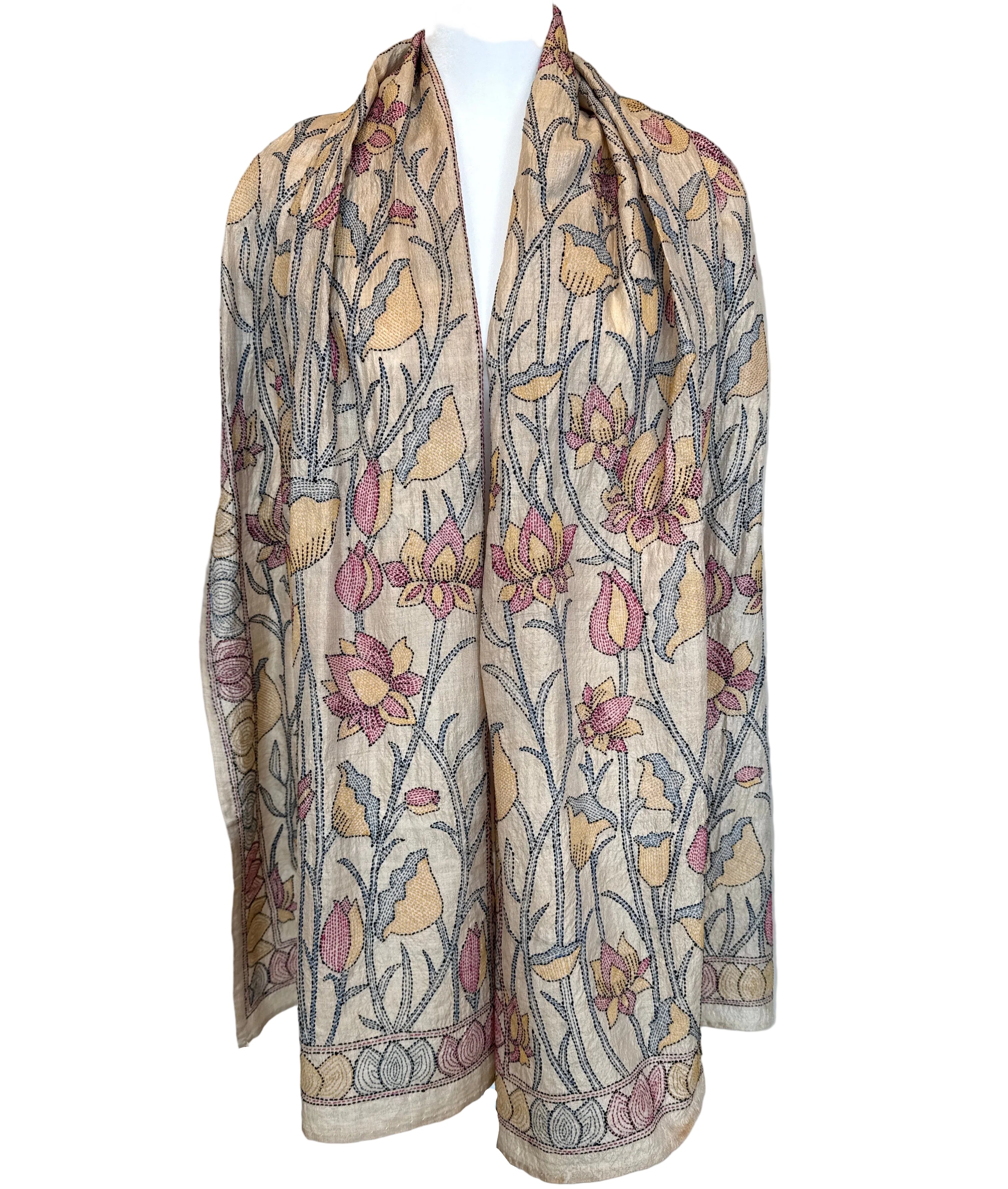 Hand Embroidered Tulip Kantha Silk Scarf India