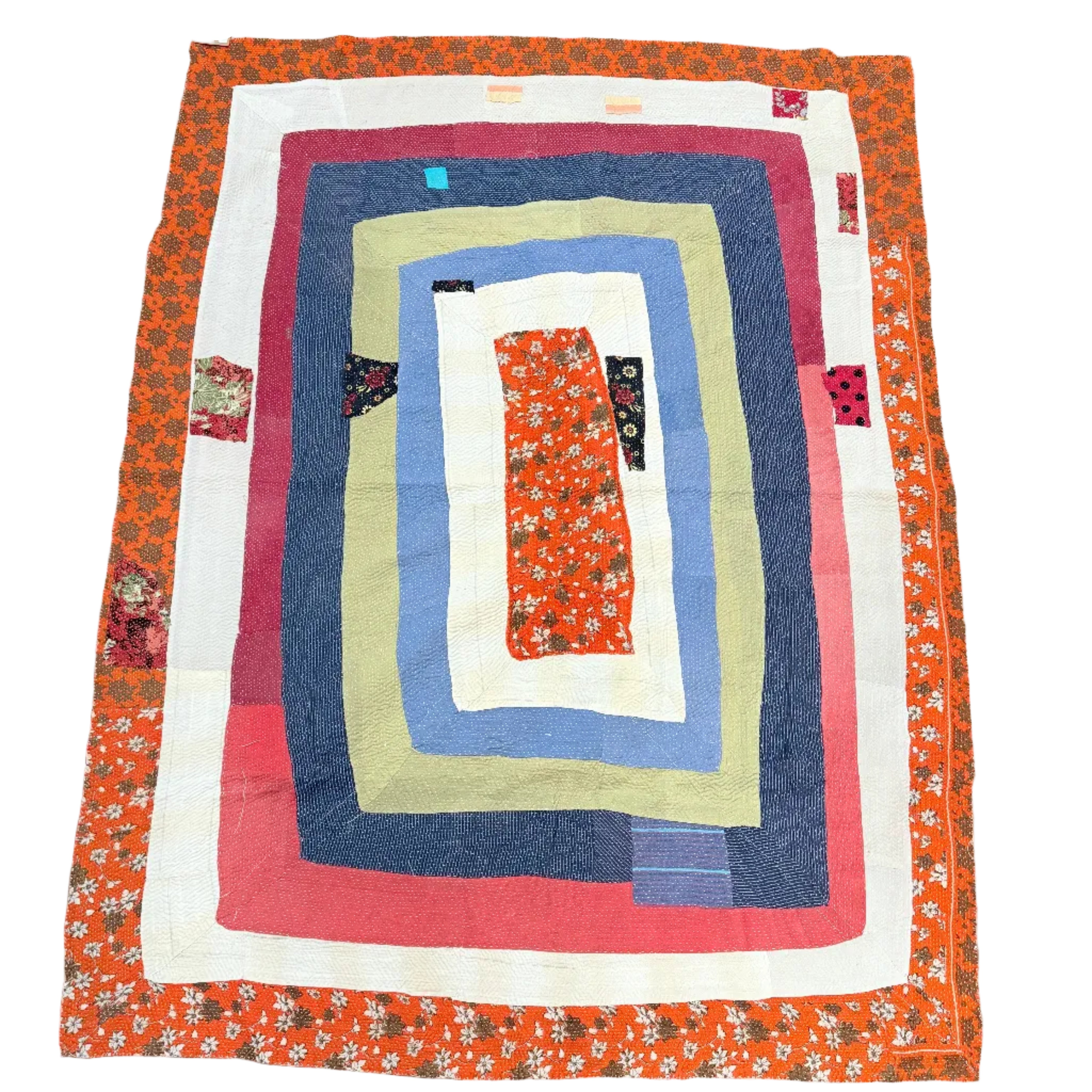 Handmade Orange Kantha Patchwork Quilt India