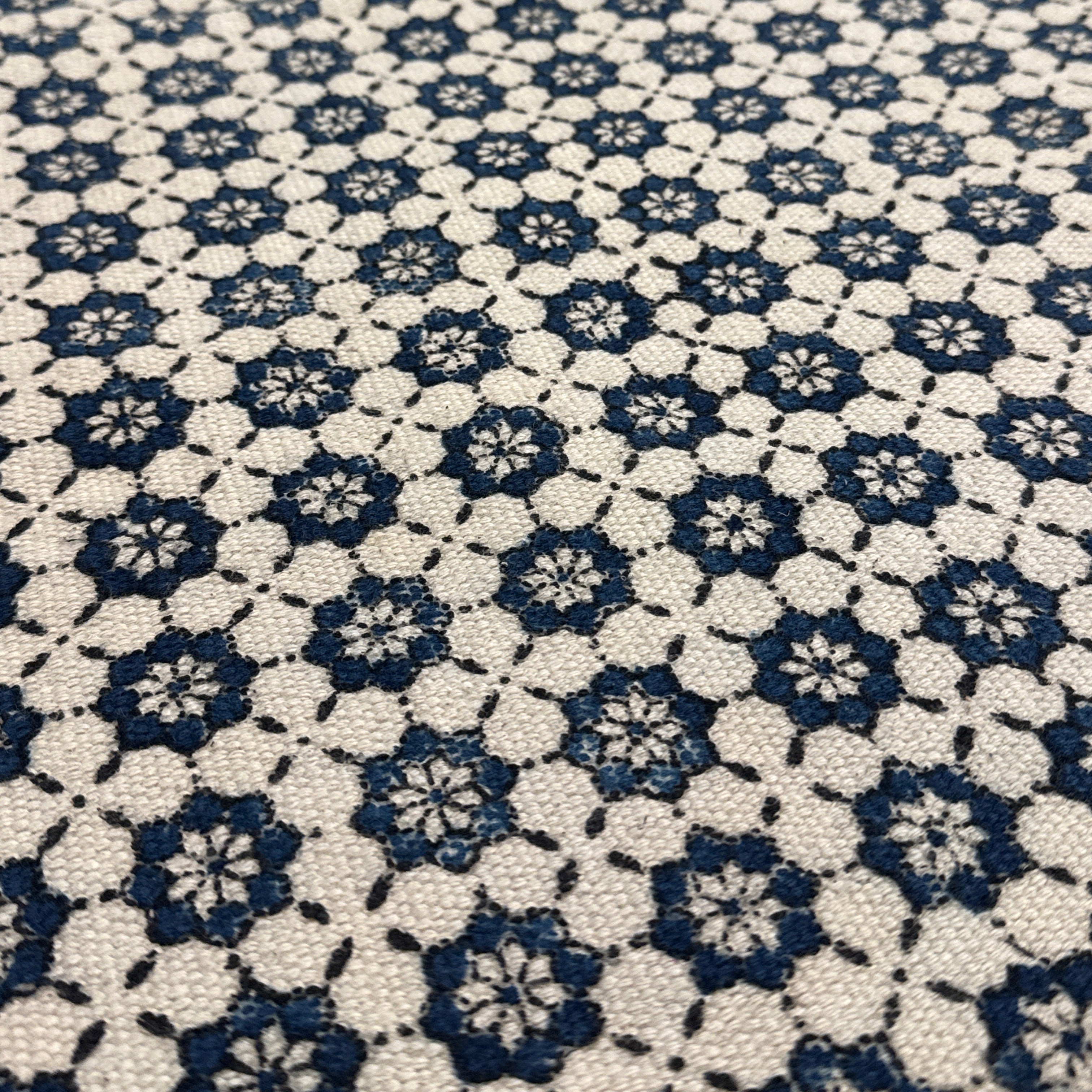 Handmade Block Printed Blue Tile Canvas Rug India 2.5x6