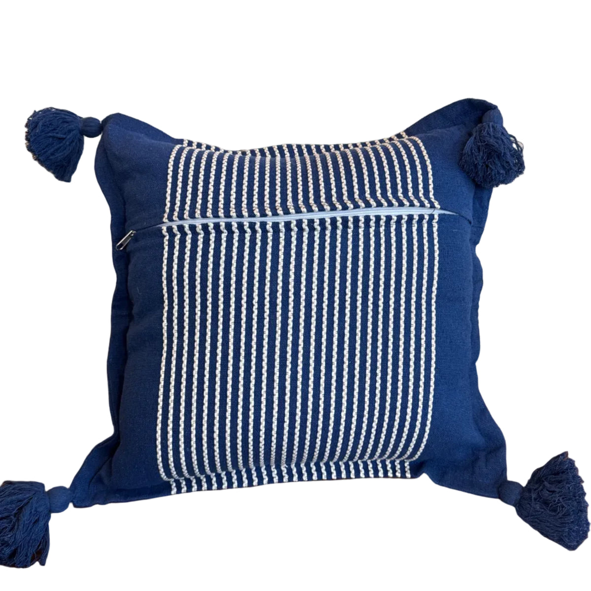 Handwoven Cotton Navy Pillow with Pompoms Mexico