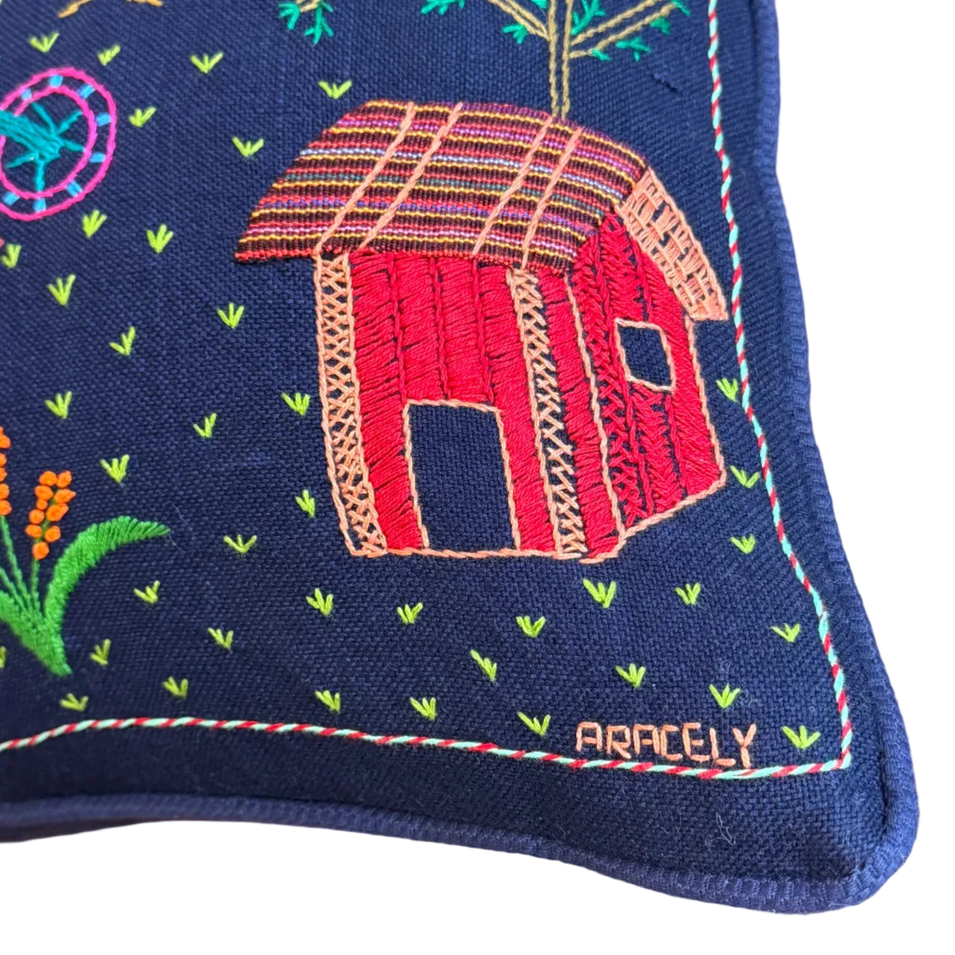 Handwoven and Embroidered Kids Story Cloth Pillow Guatemala (18x18)
