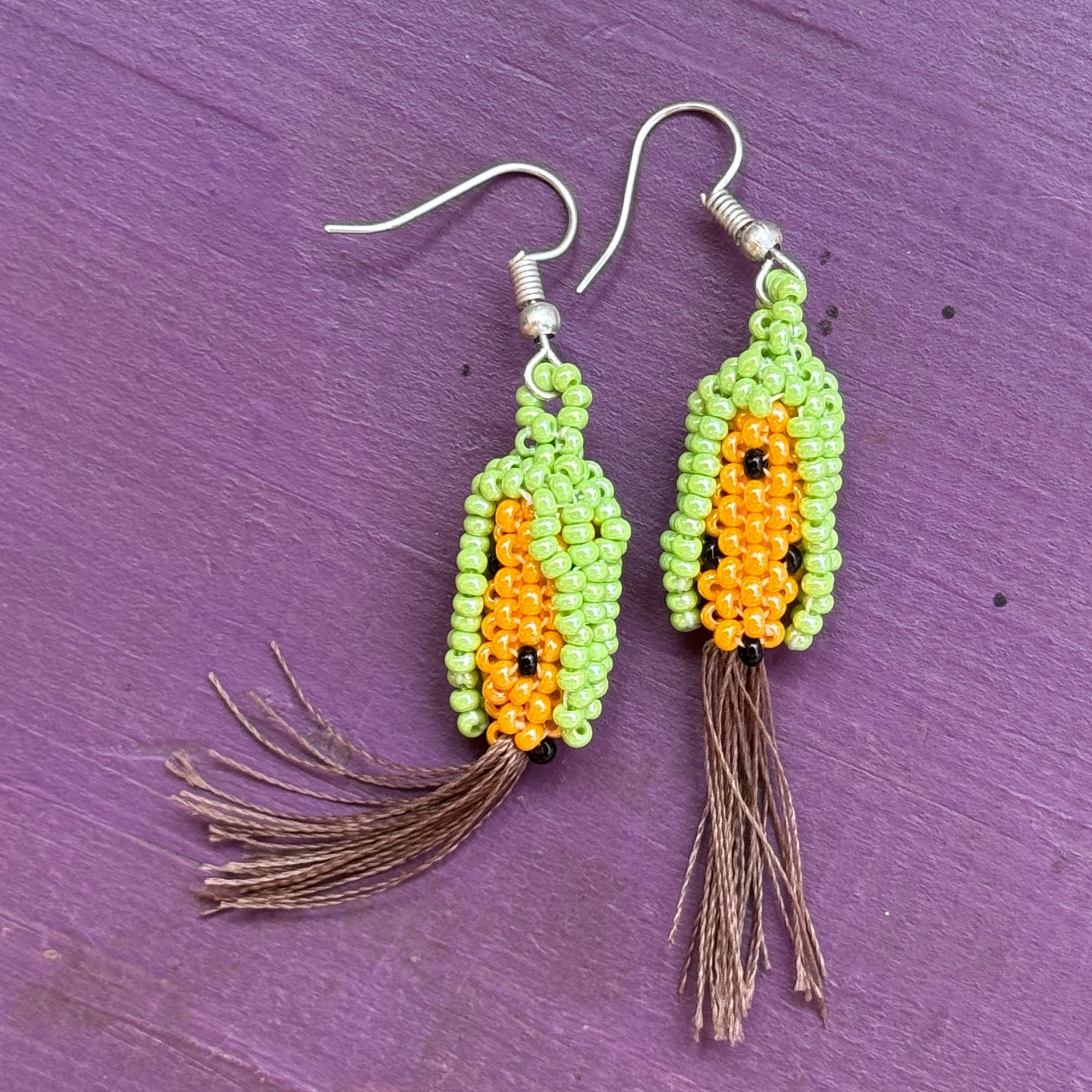 Handmade Beaded Orange Corn Earrings Guatemala