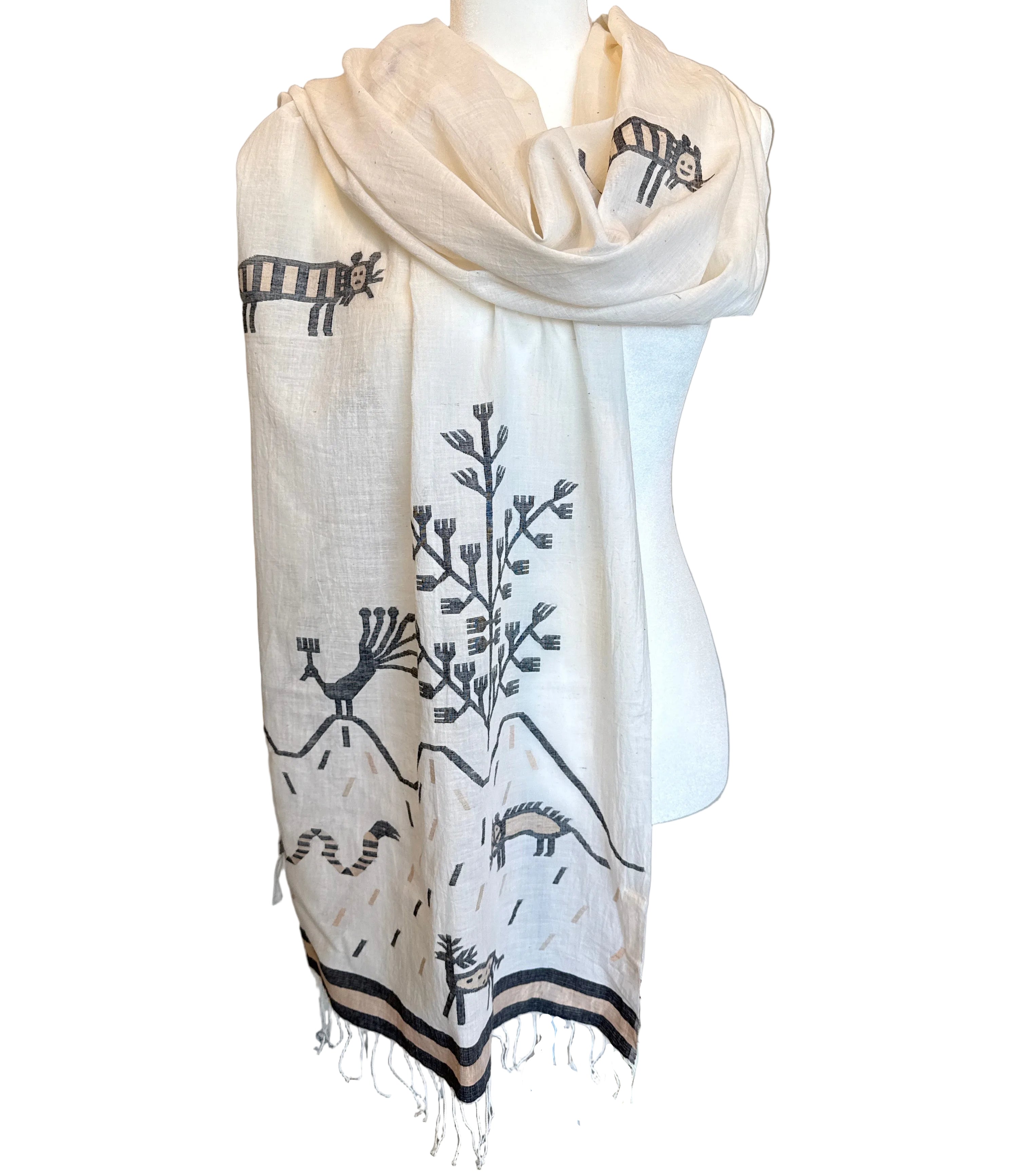 Handwoven Jamdani Khadi Cotton Wildlife Scarf India