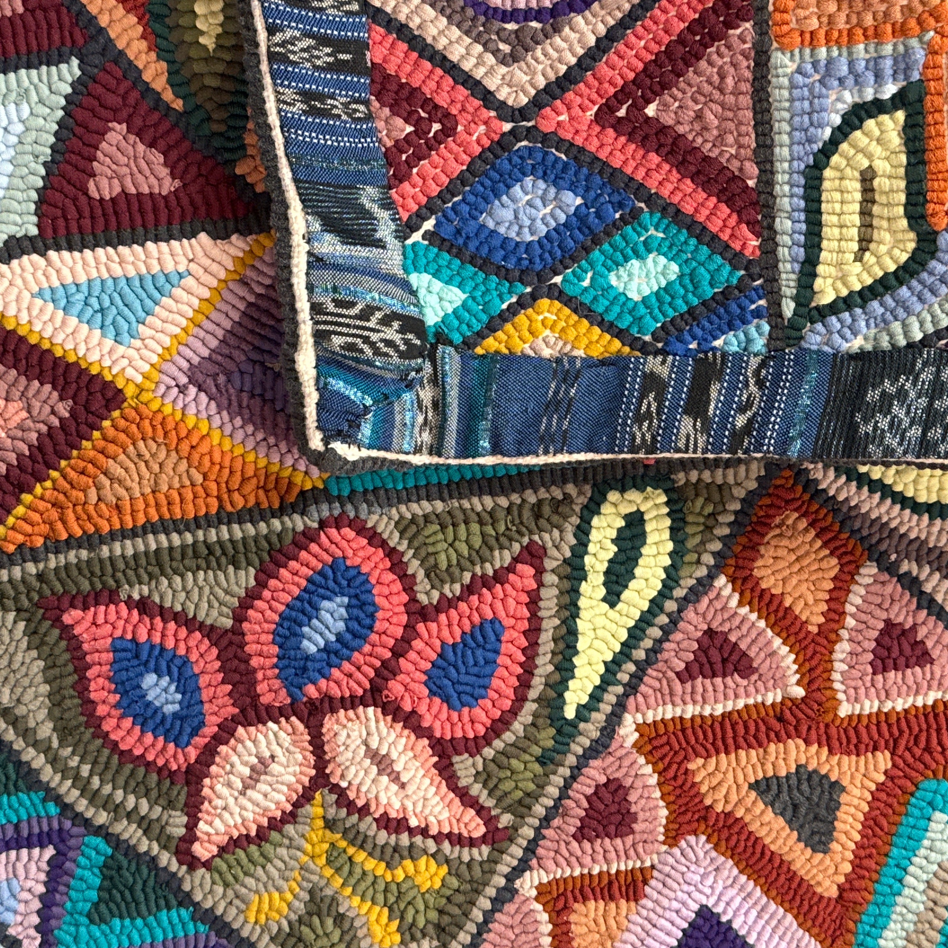Medium Geometric Handmade Hooked Rug Recycled Clothing Guatemala