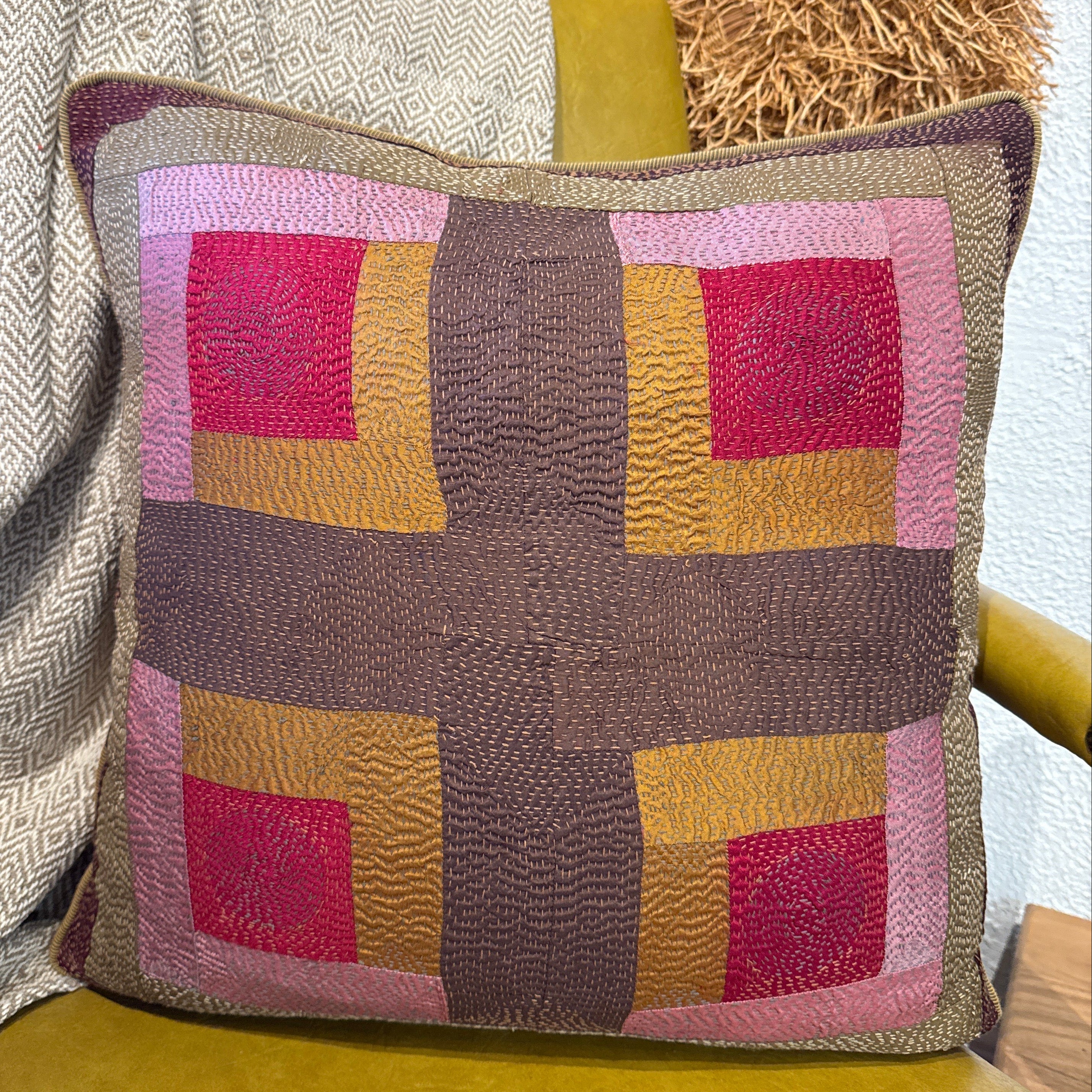 Hand Stitched Vintage Silk Gold Pillow India (18 x 18)