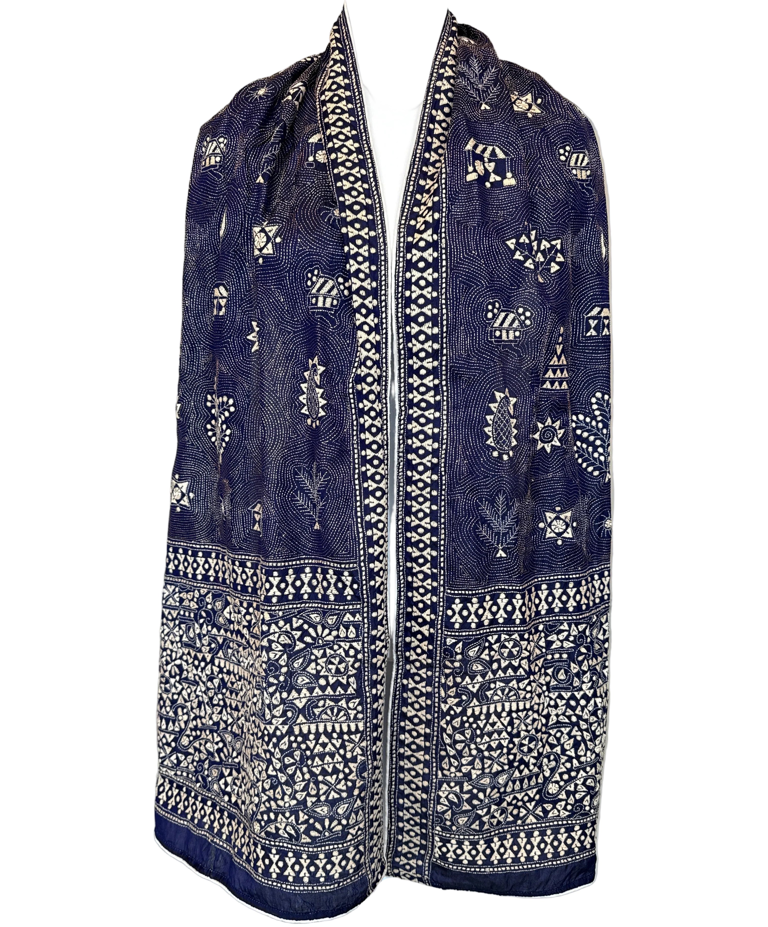 Hand Embroidered Maoon Kantha Silk Scarf India