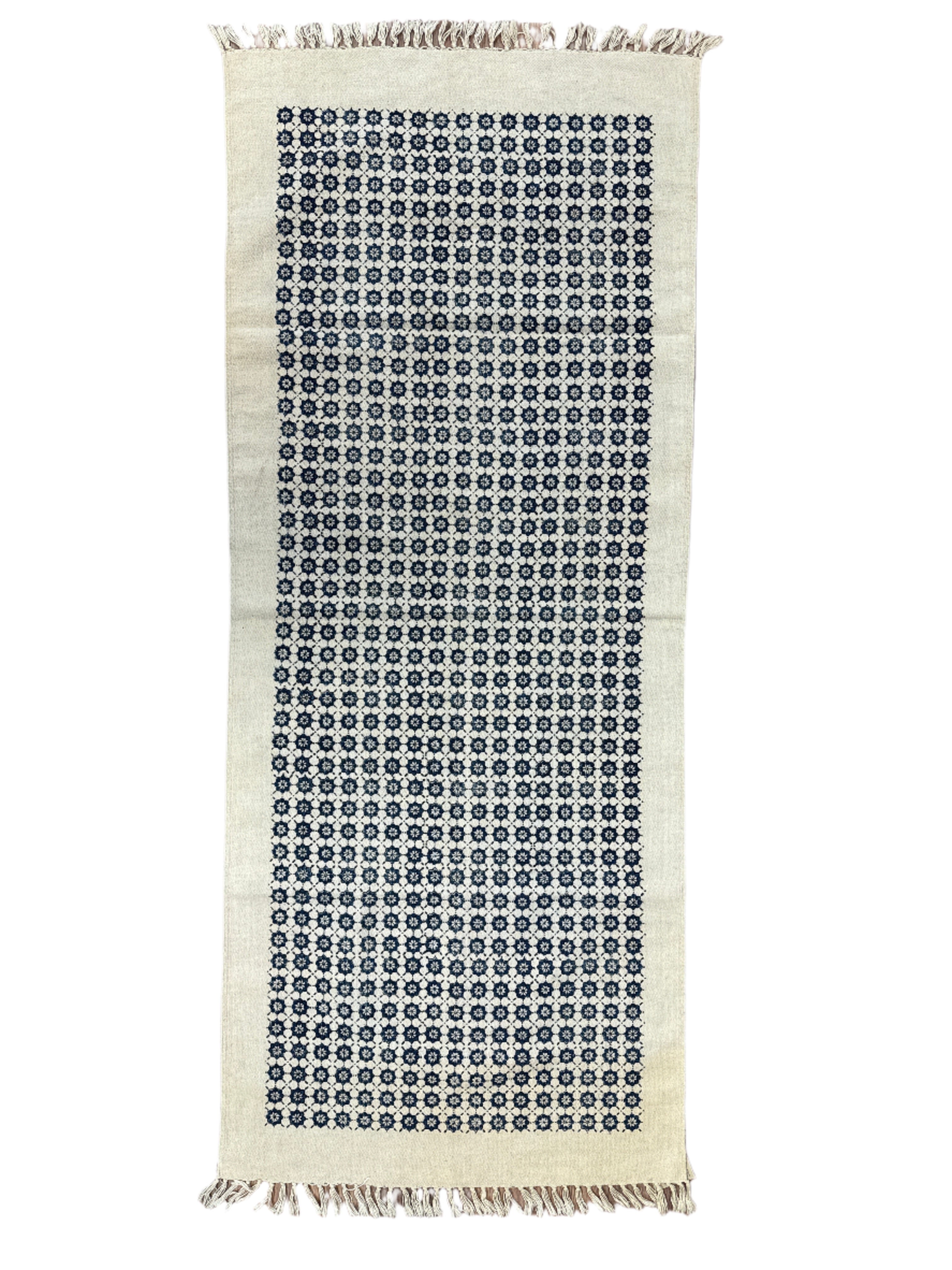 Handmade Block Printed Blue Tile Canvas Rug India 2.5x6