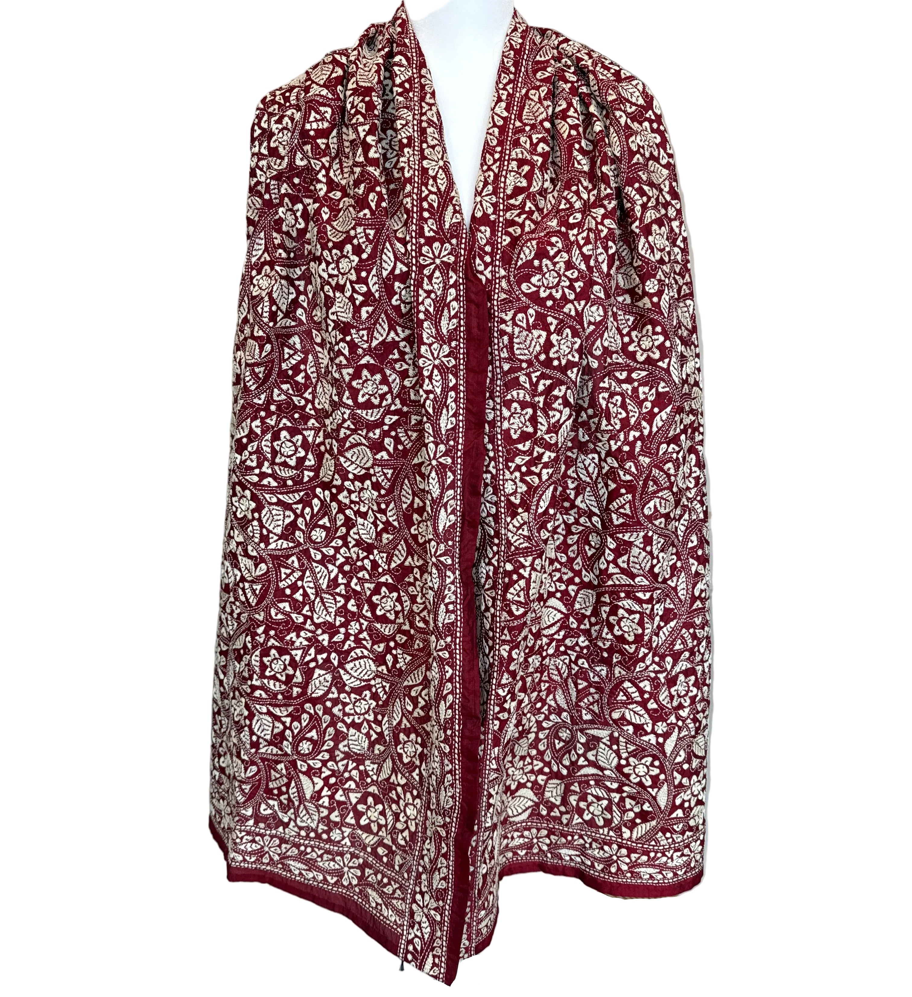 Hand Embroidered Wine Kantha Silk Scarf India
