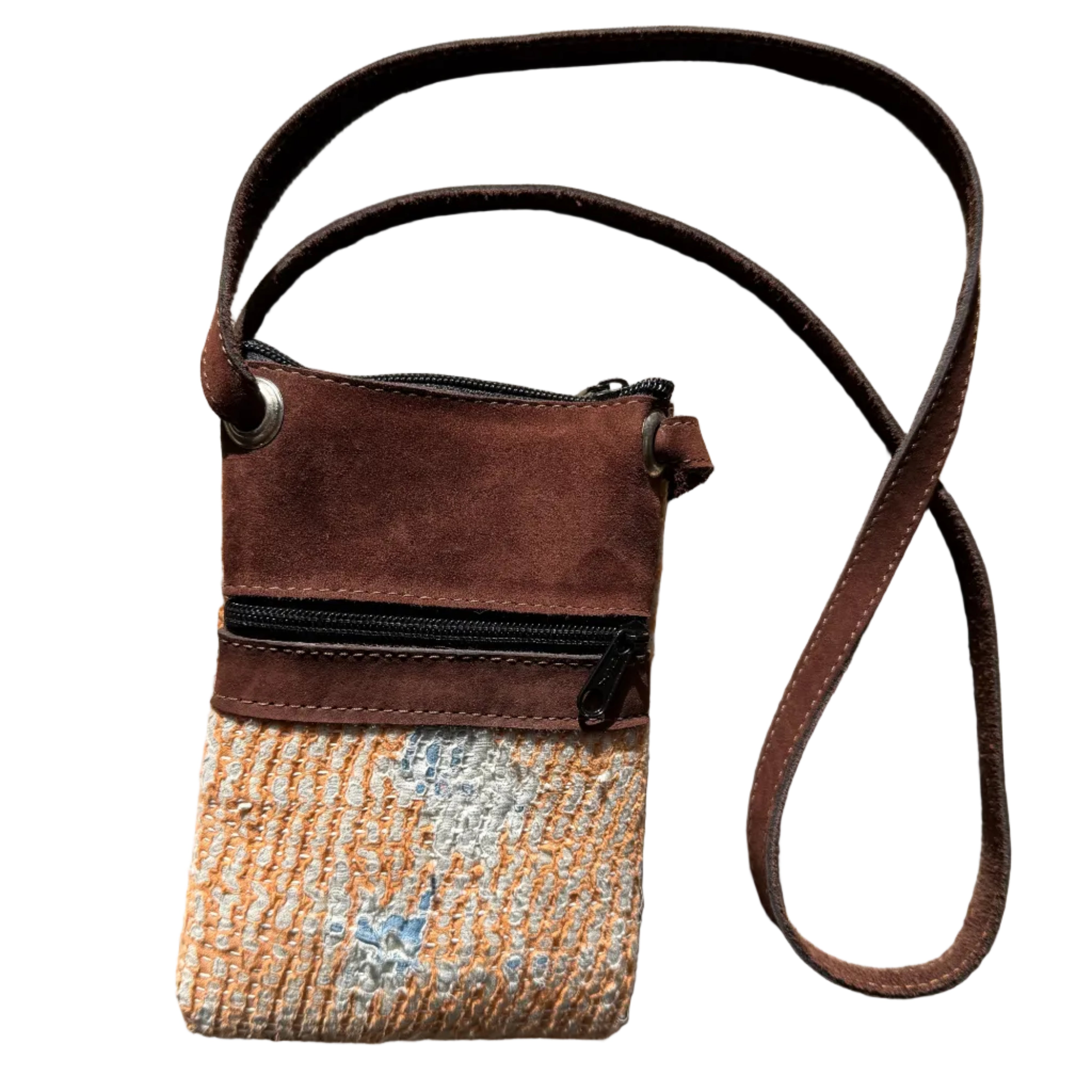 Cross Shoulder Orange Zipper Pouch Kantha and Suede
