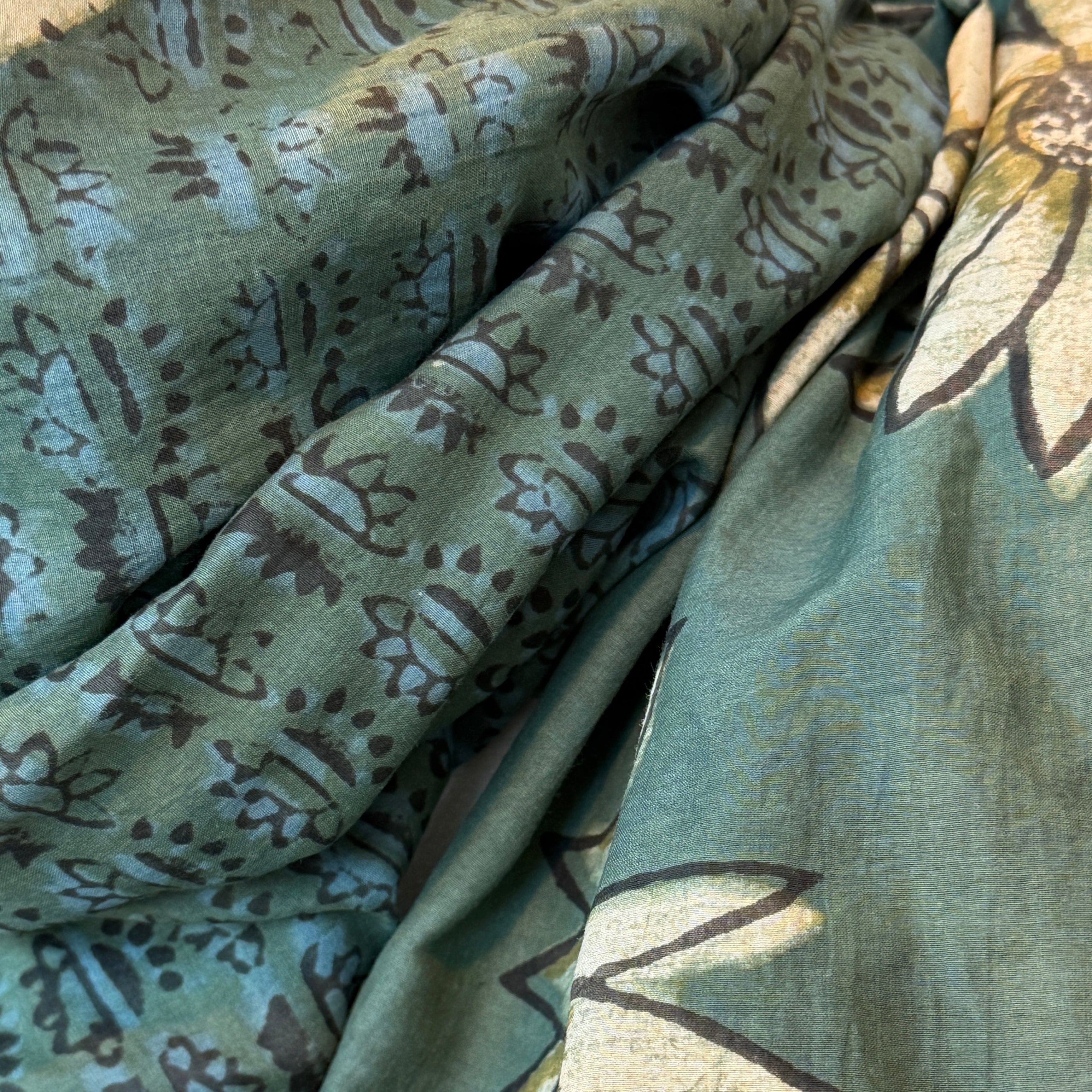 Hand Block Printed Green Silk & Cotton Scarf India