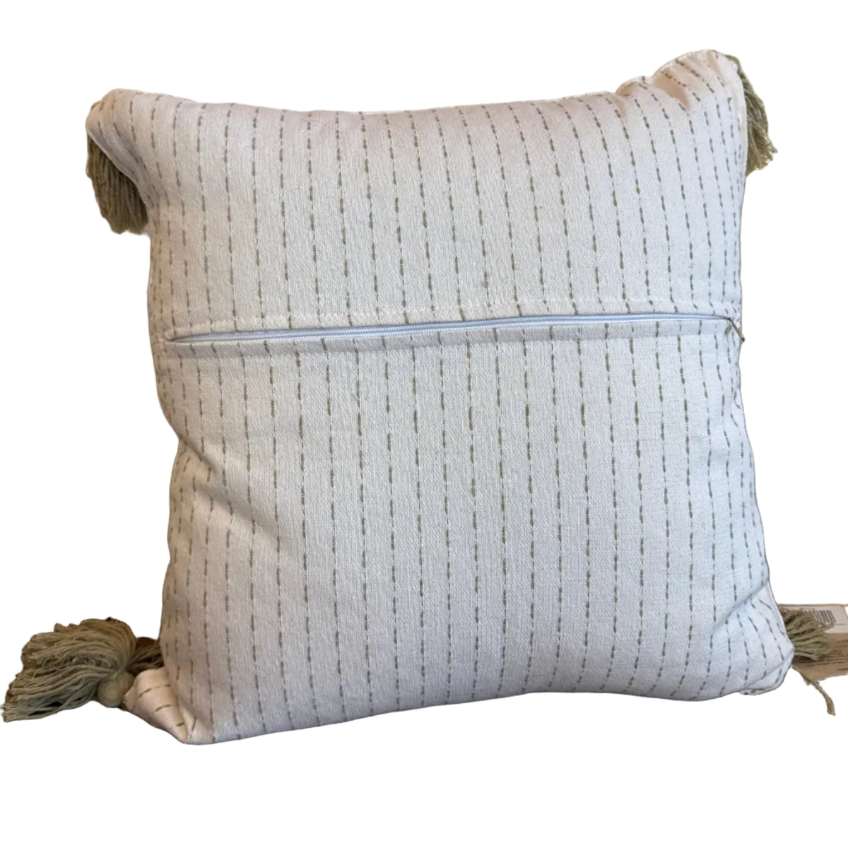 Handwoven Cotton Sage Pillow with Pompoms Mexico
