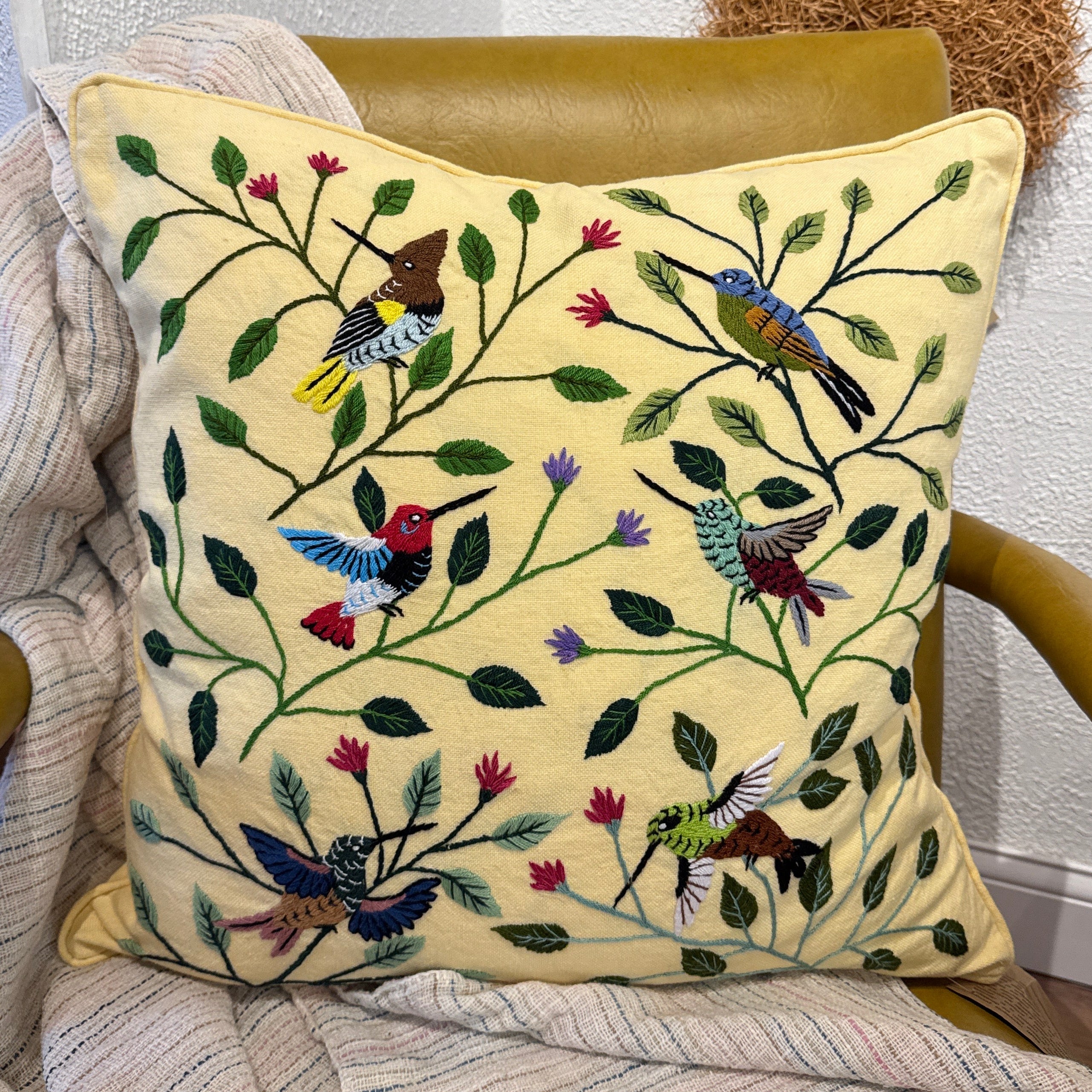 Handwoven and Hand Embroidered Hummingbird Pillow Guatemala