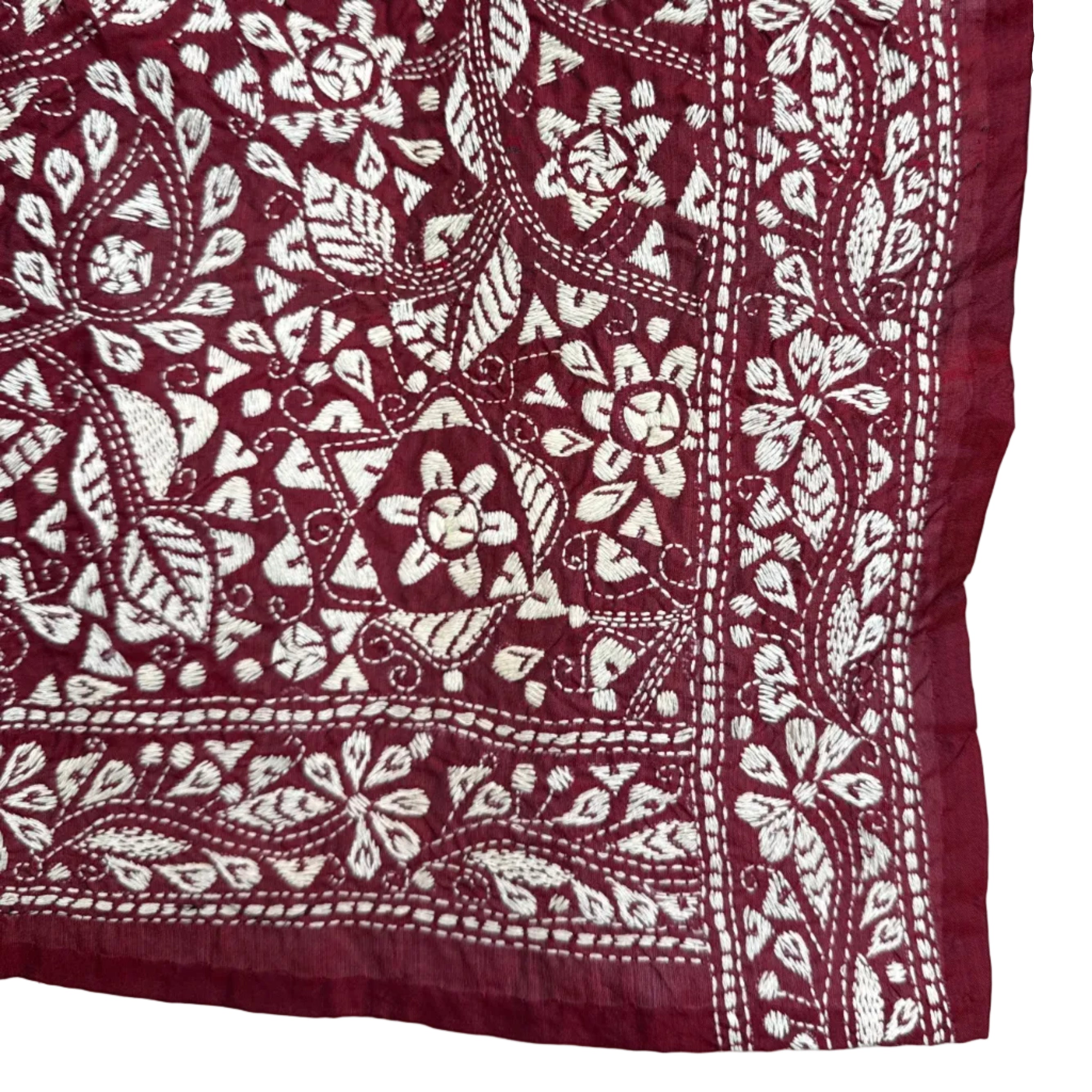 Hand Embroidered Wine Kantha Silk Scarf India