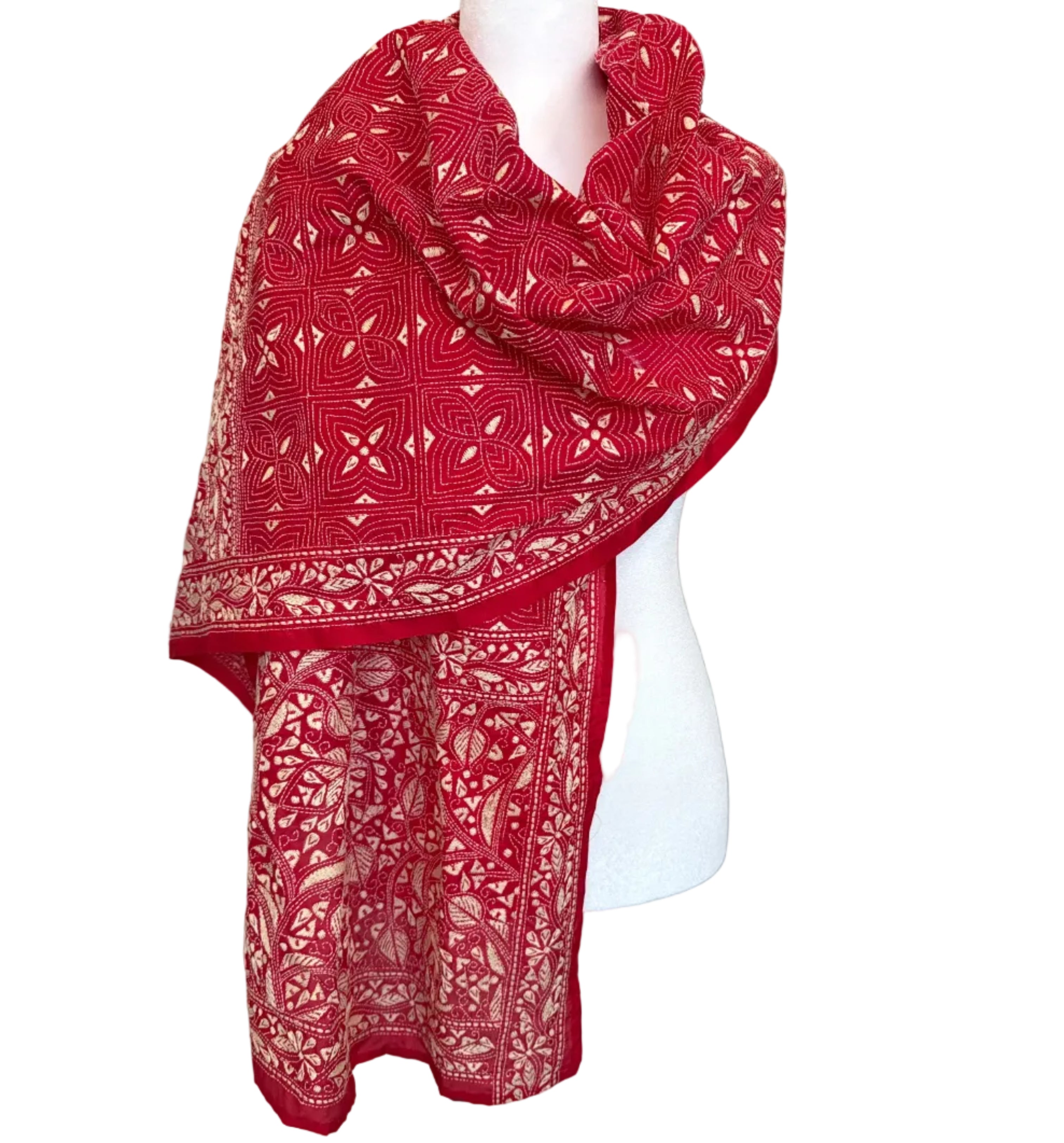 Hand Embroidered Red Kantha Silk Scarf India