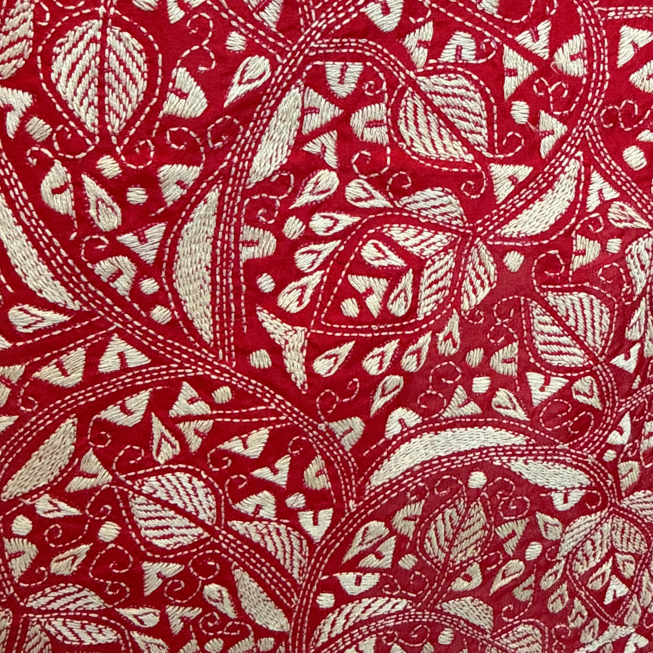 Hand Embroidered Red Kantha Silk Scarf India