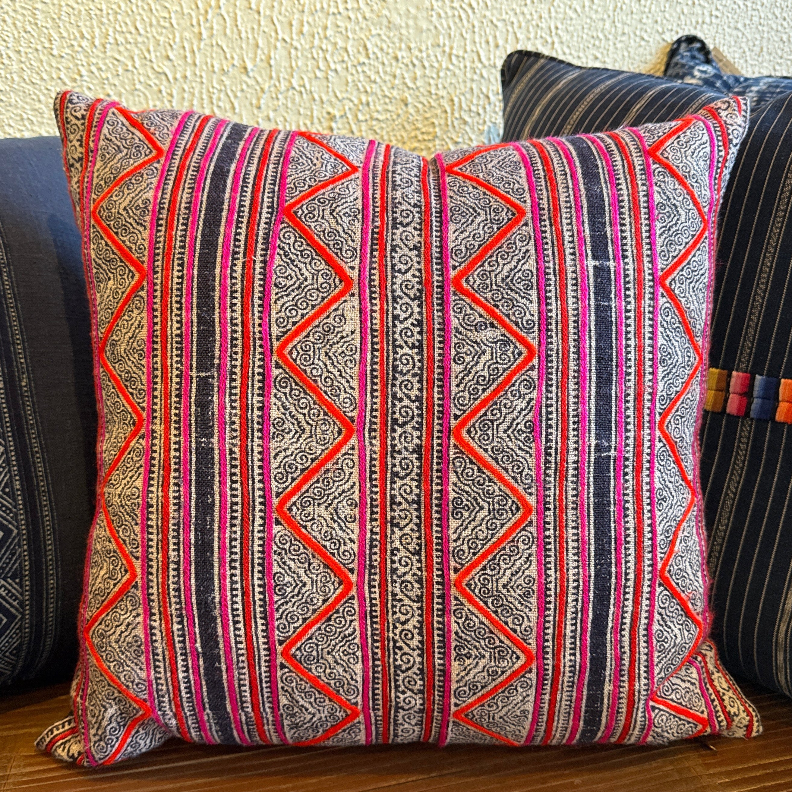 Handwoven Hemp Vintage Batik Indigo Pillow Thailand - B