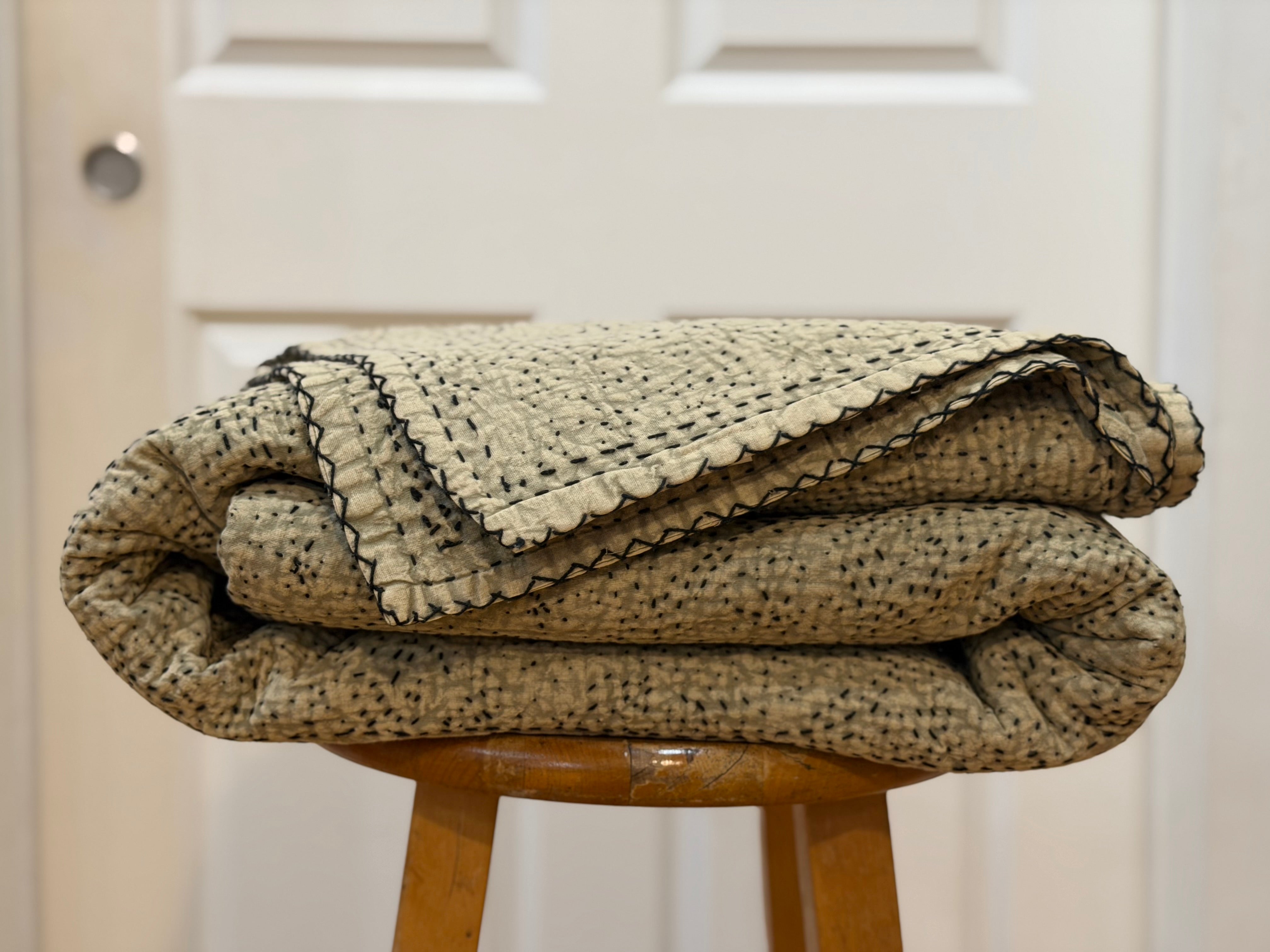 Hand Stitched Stone Grey Cotton Queen Quilt India