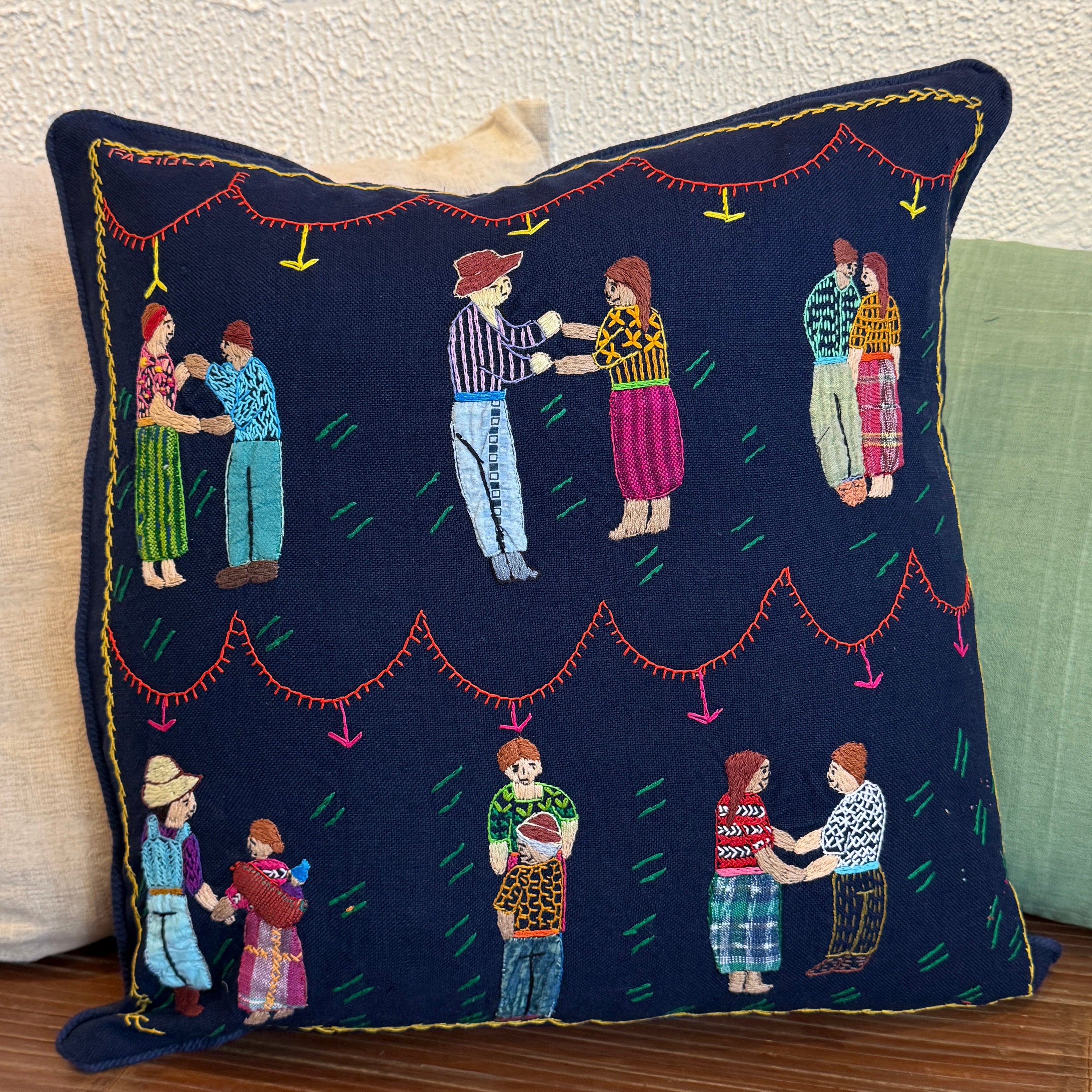 Handwoven and Embroidered Dance Story Cloth Pillow Guatemala (18x18)
