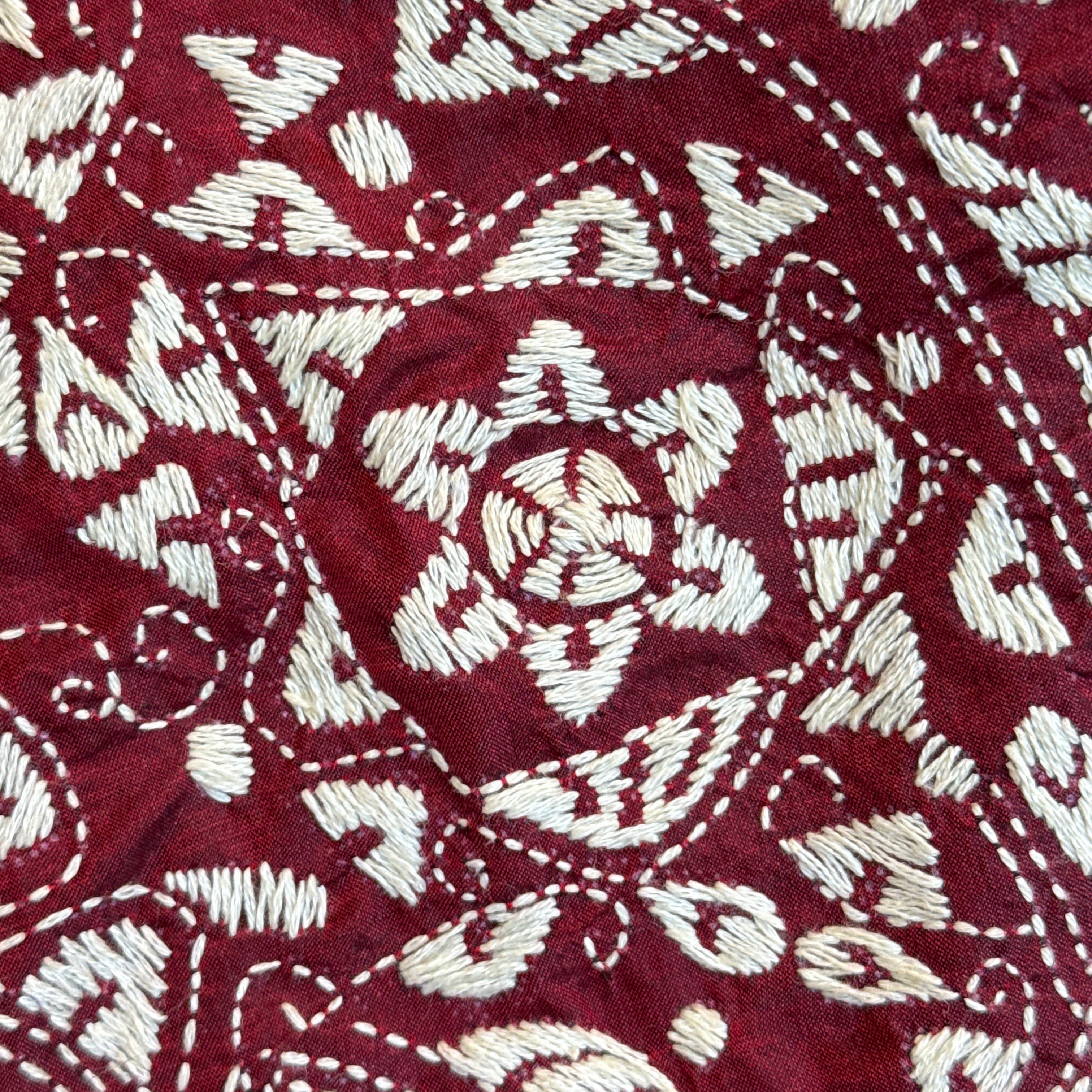 Hand Embroidered Wine Kantha Silk Scarf India