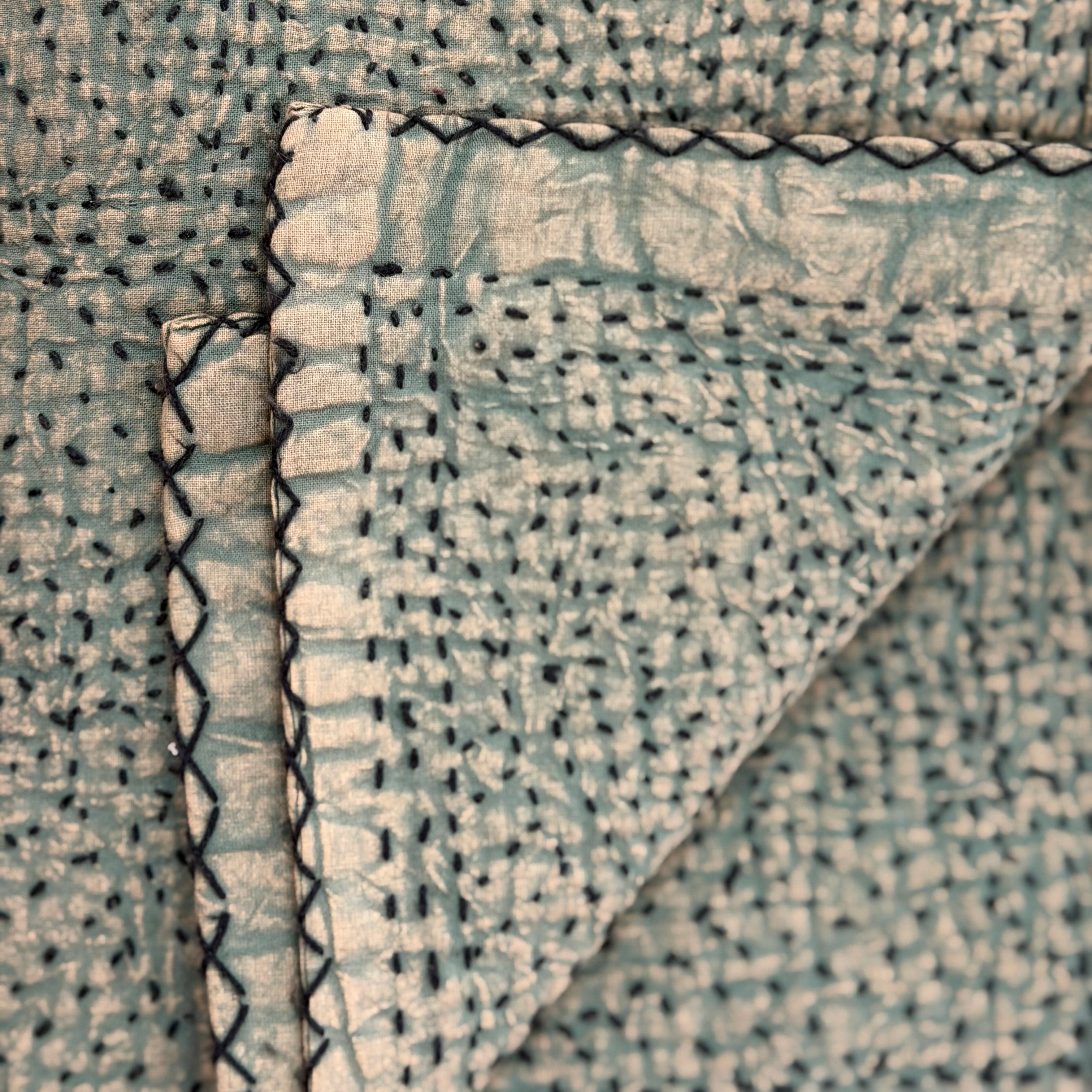 Hand Stitched Dusty Green Cotton Queen Quilt India