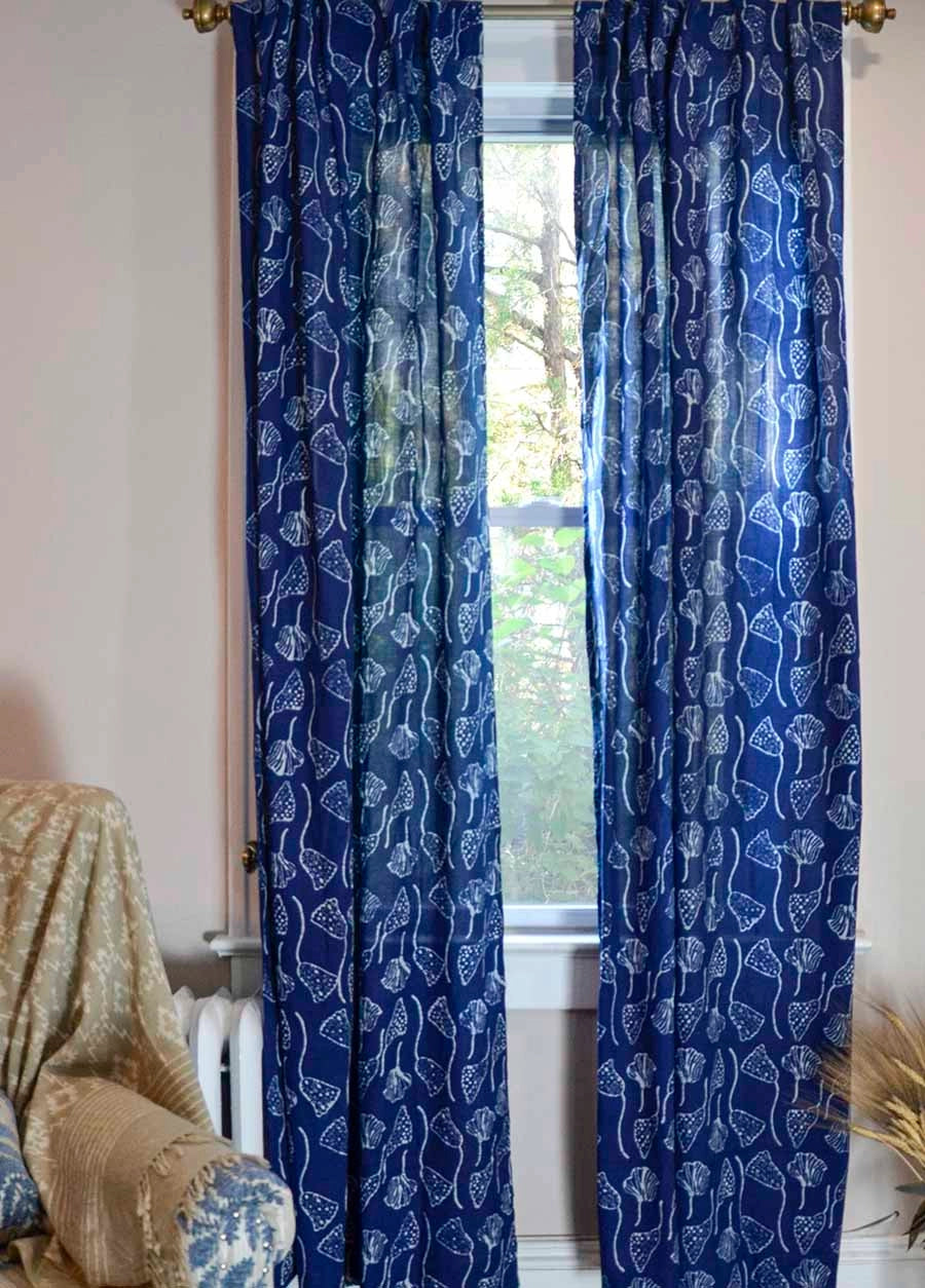 Handmade Cotton Curtain India - Indigo Floral