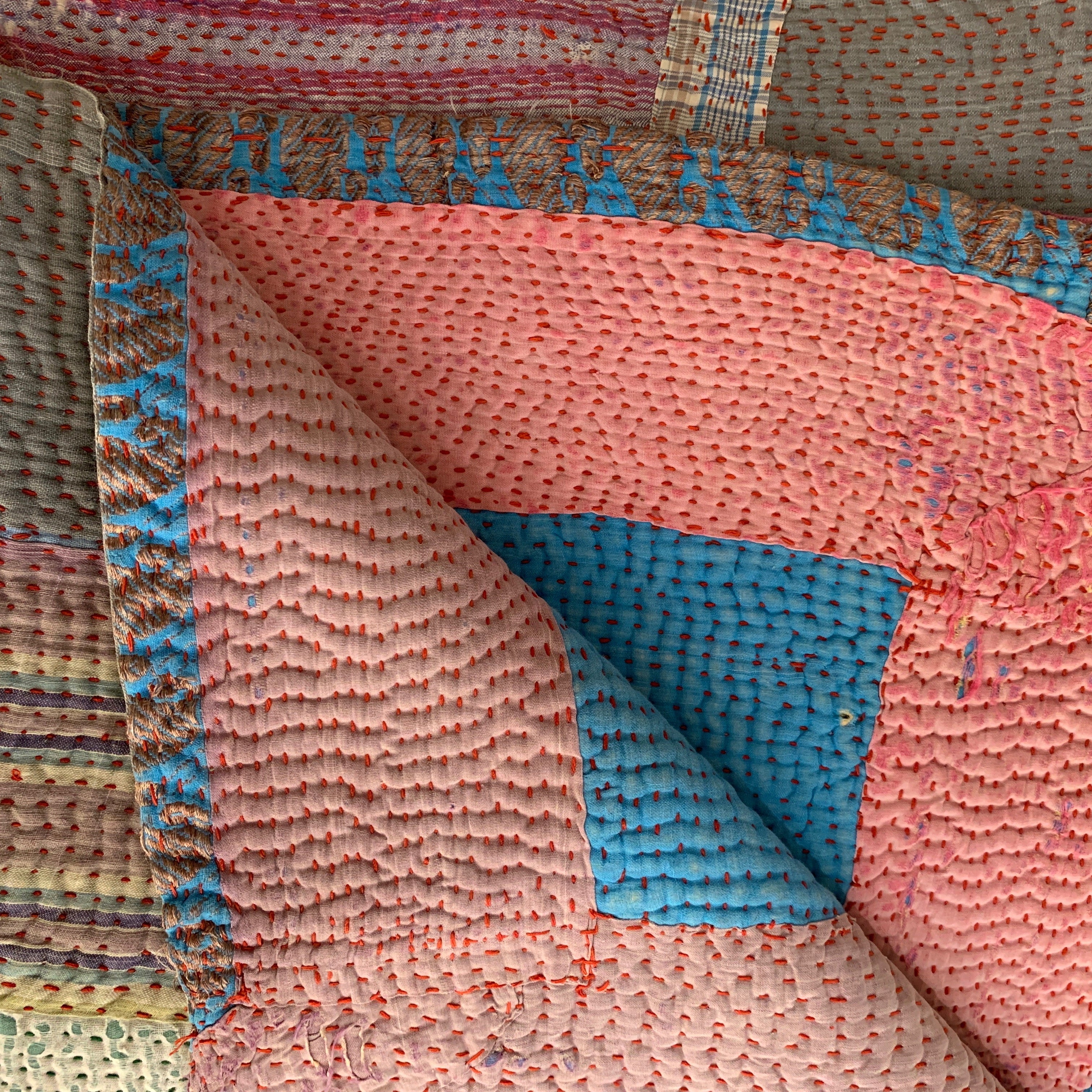 Handmade Kantha Red Lines Patchwork Quilt India