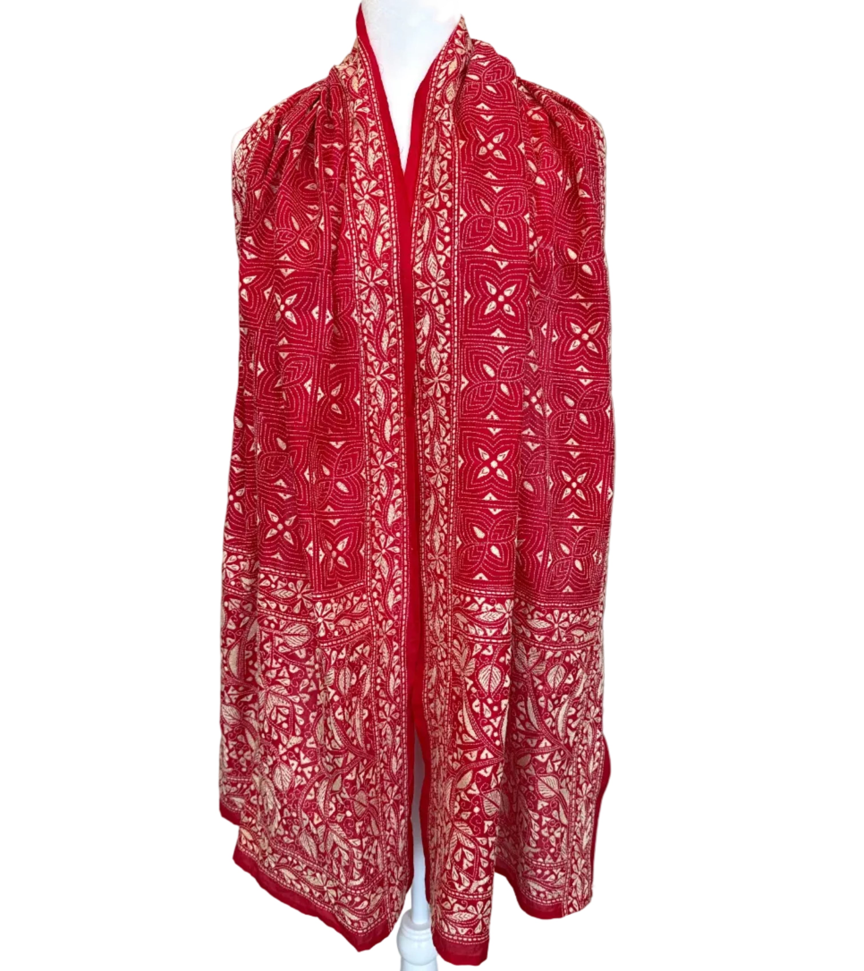 Hand Embroidered Red Kantha Silk Scarf India