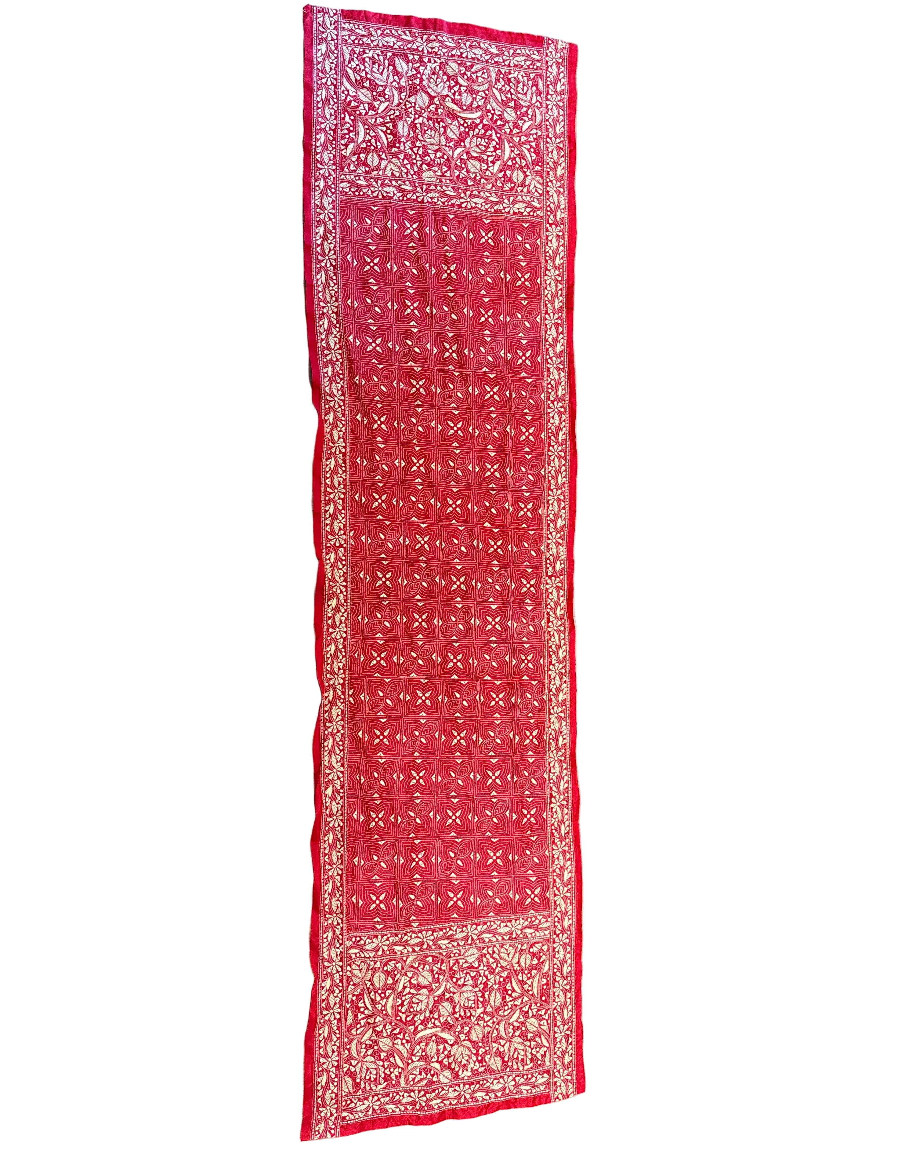 Hand Embroidered Red Kantha Silk Scarf India