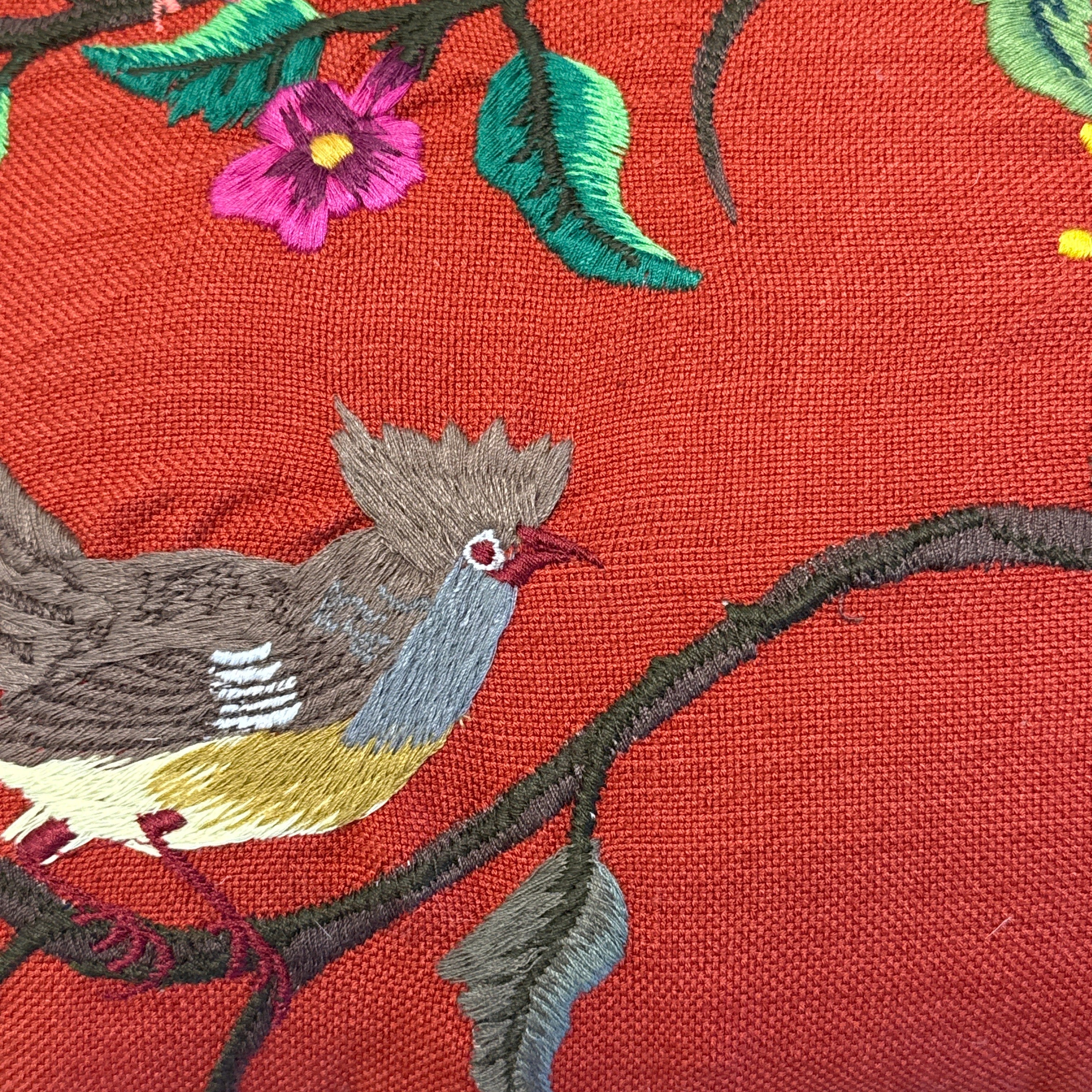 Embroidered Bird Rust Lumbar Pillow Guatemala (12 x 20)