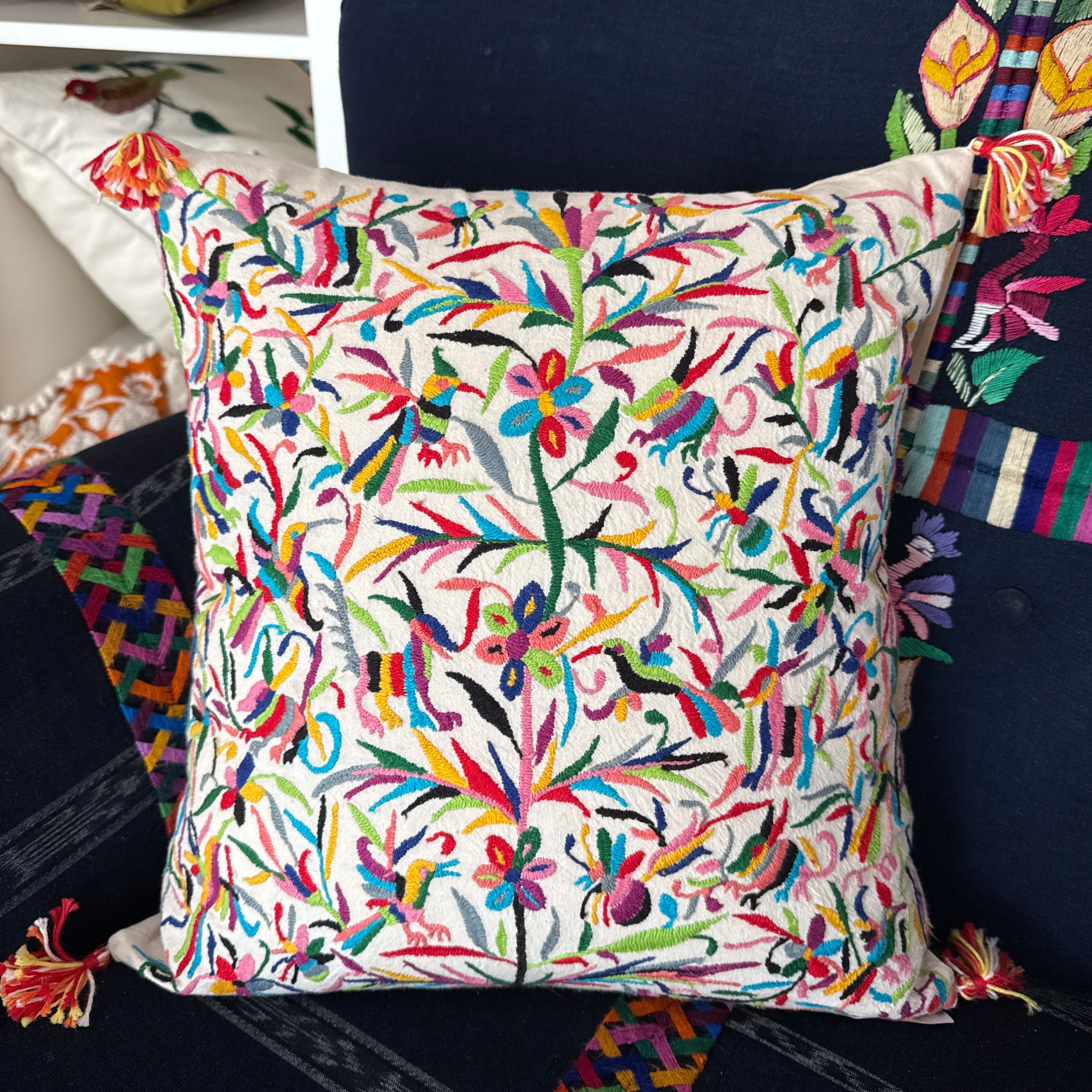 Otomi Hand Embroidered Colorful Pillow Mexico