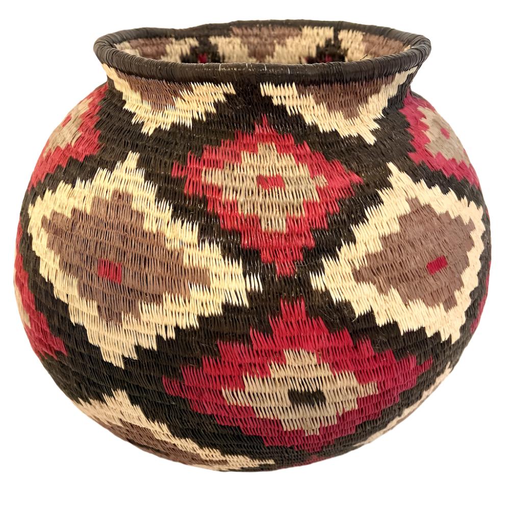 Handmade Natural Fiber Wounaan Basket Diamonds Panama (5.75" tall x 6.5"wide) light tan, taupe, black, raspberry light grey