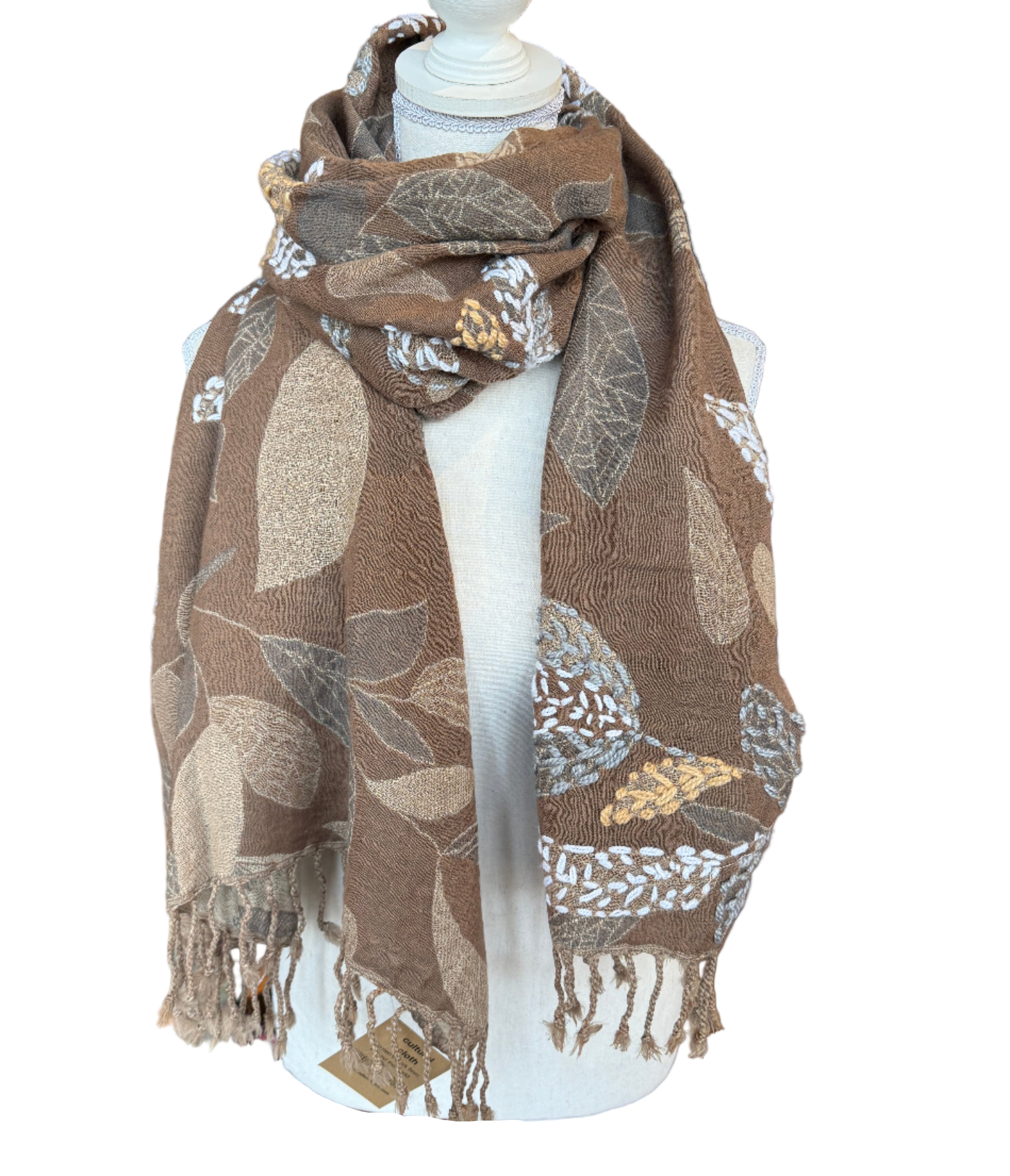 Woven & Hand Embroidered Taupe Wool Shawl