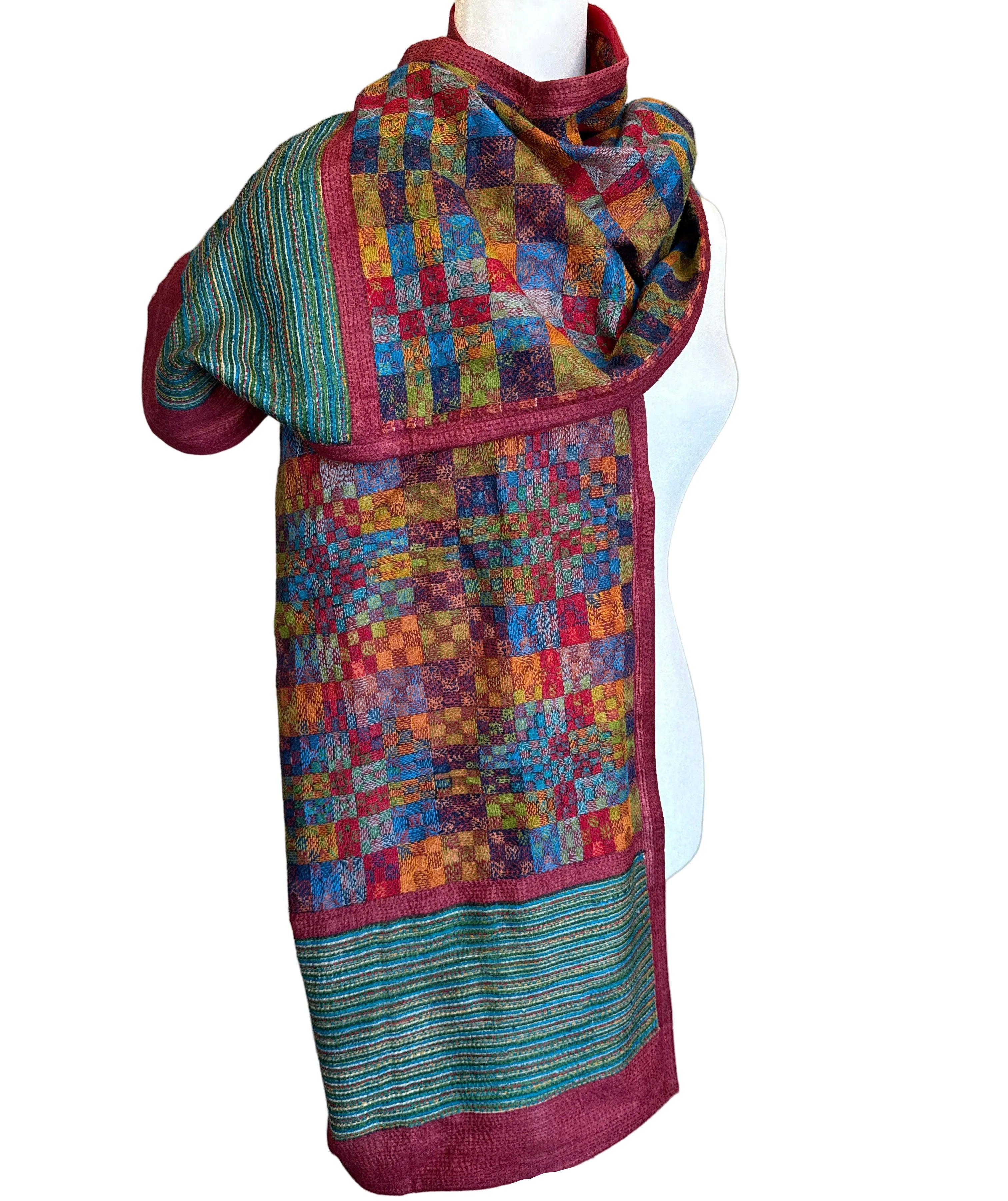 Silk Kantha Stitched Prantik Red Scarf India