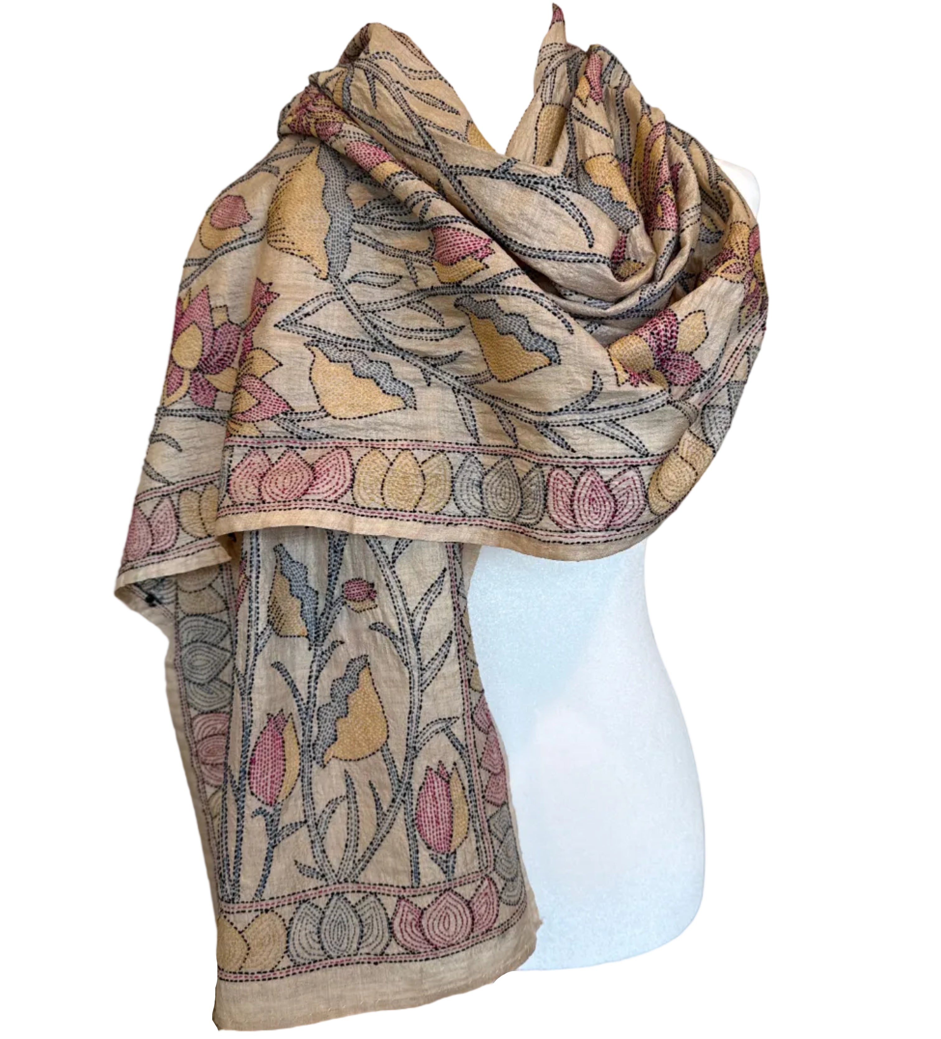Hand Embroidered Tulip Kantha Silk Scarf India