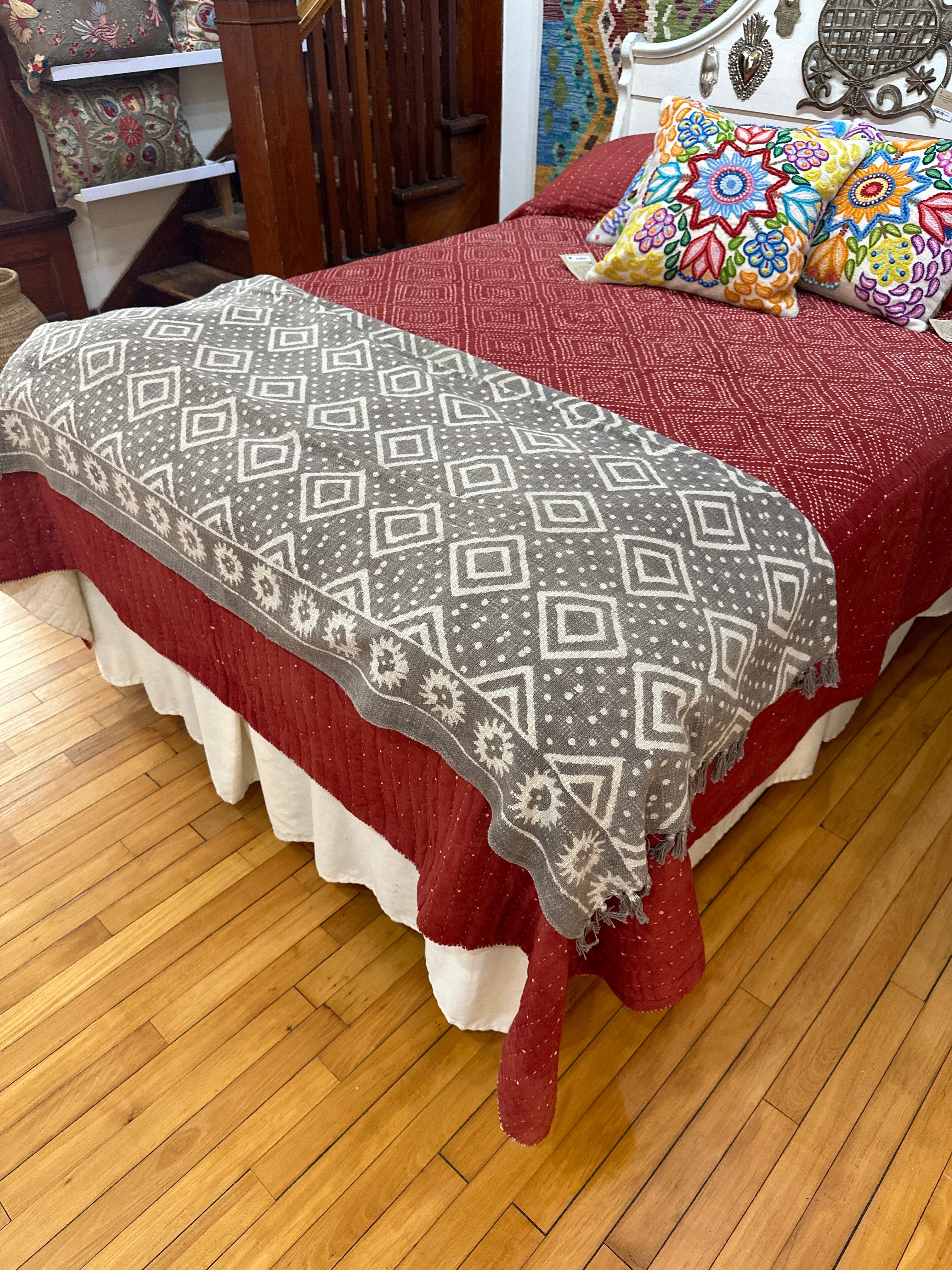 Handwoven Block Printed Organic Cotton Taupe Throw India (54" x 66")