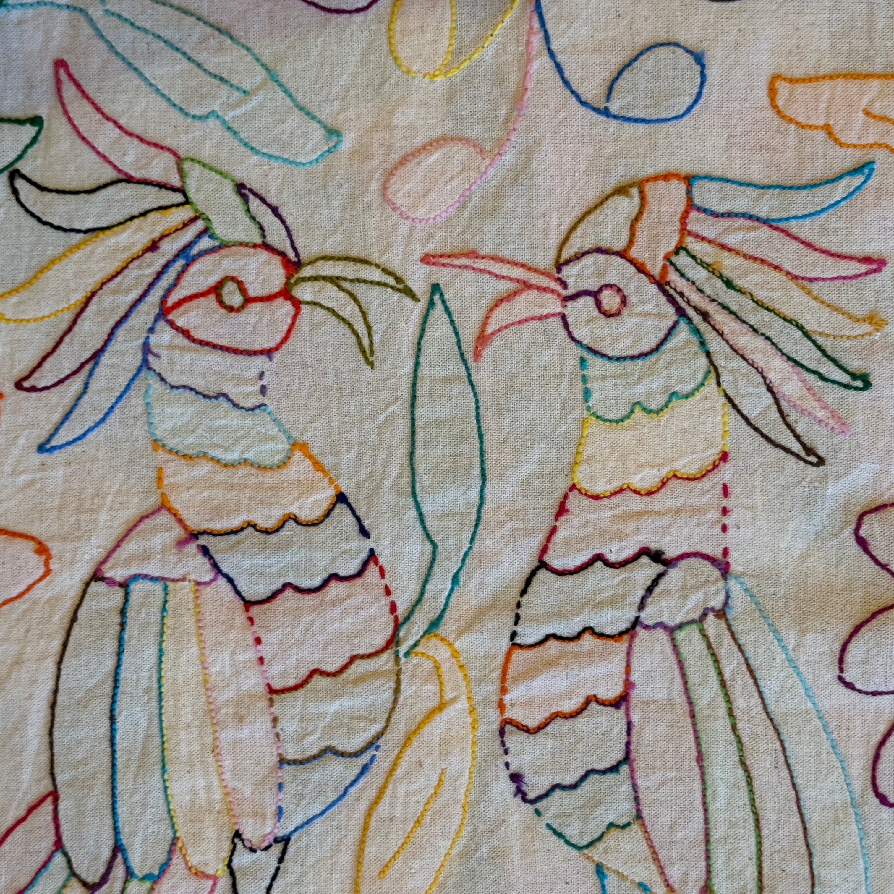 Close-up of embroidered otomi fabric with floral and bird designs.