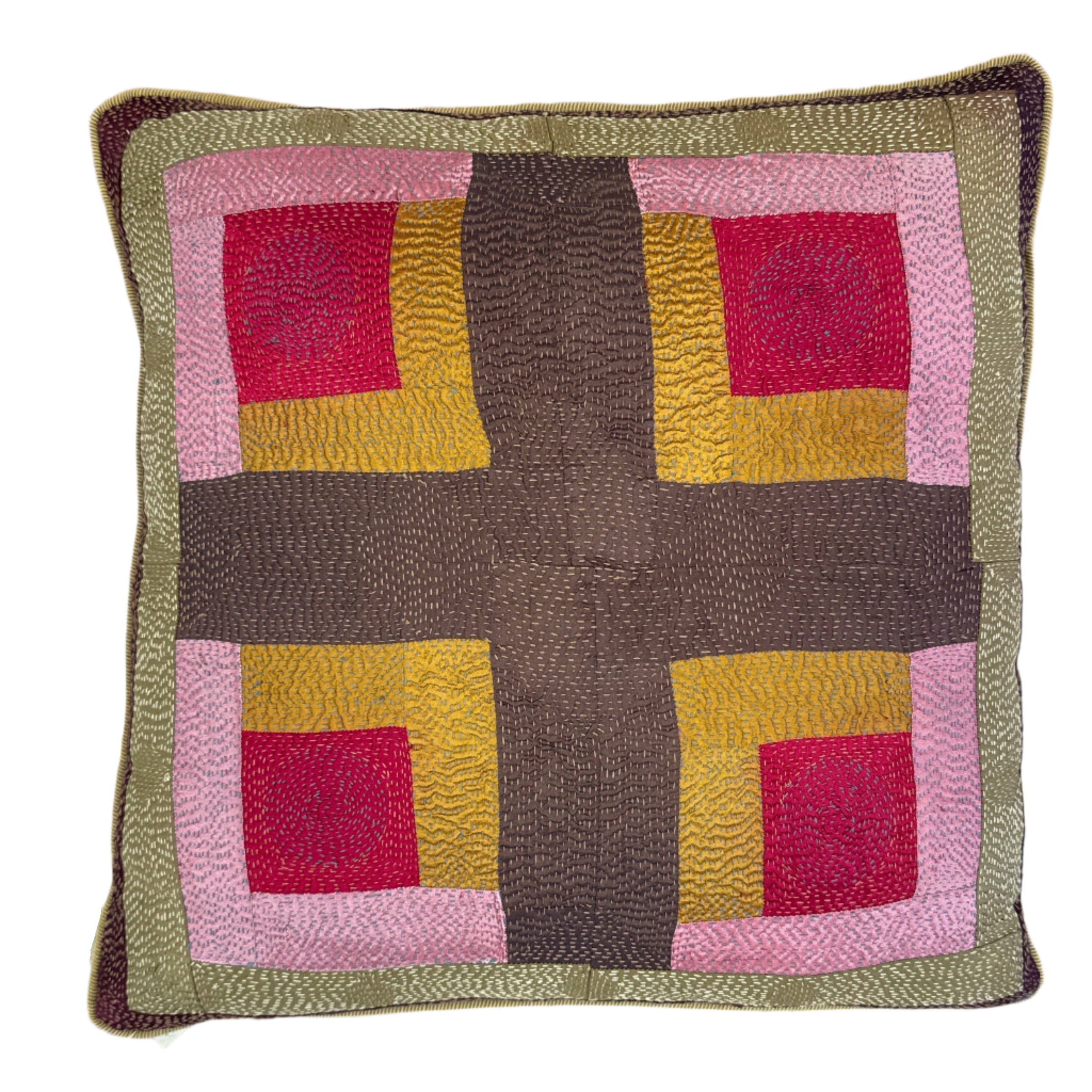 Quilted pillow with geometric pattern on a wooden surface. Hand Stitched Vintage Silk Gold Pillow India (18 x 18)