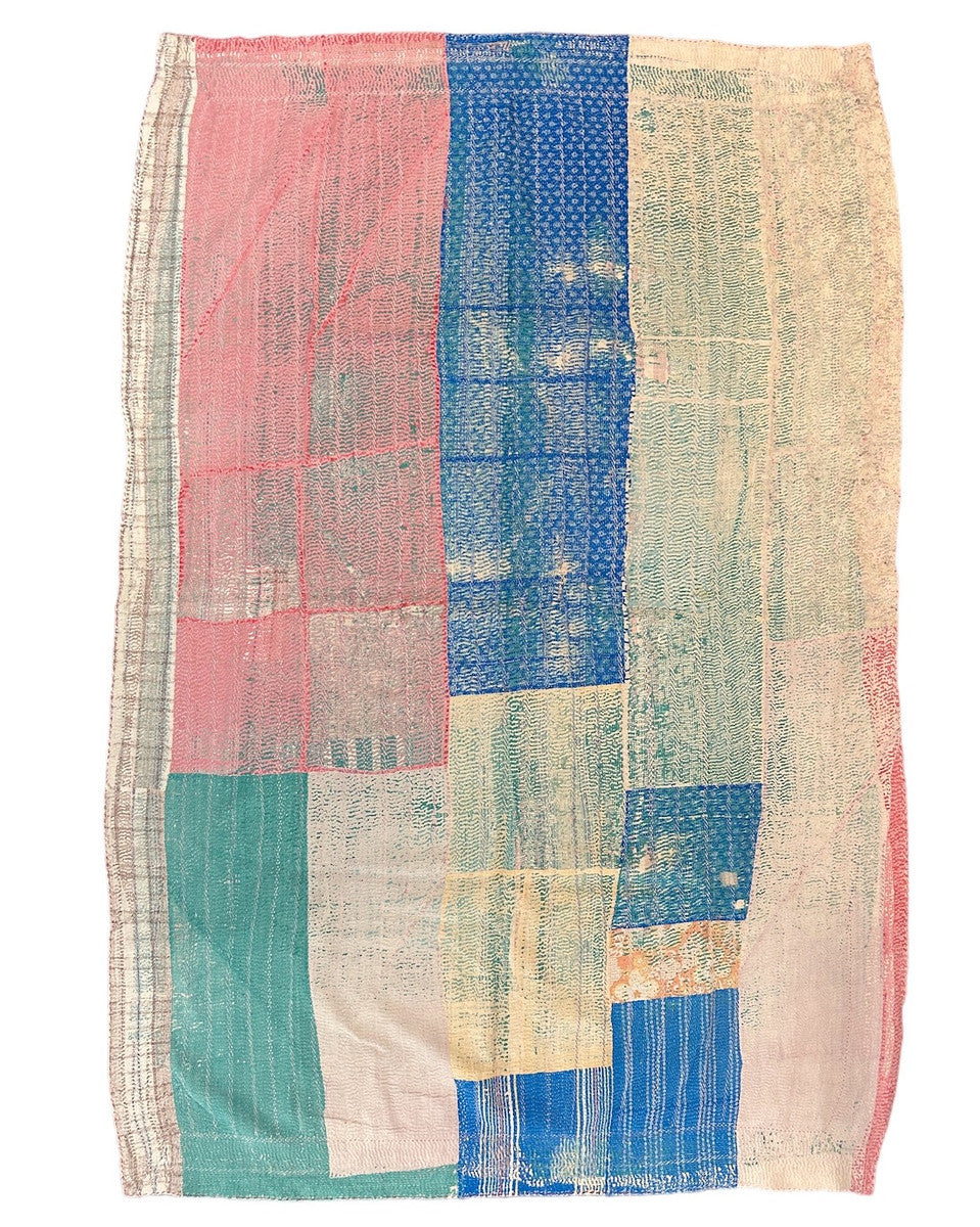 Side A Handmade Quilt Kantha Patchwork J India. 56" x 82" Side A colors: aqua, bright blue, chalky flint lavender, chalky pink and more.