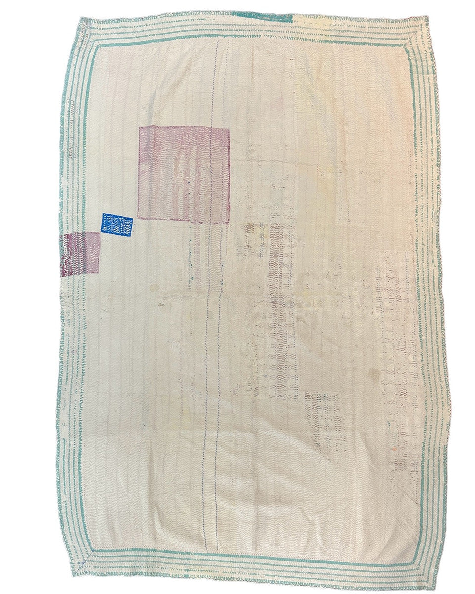 Side B Handmade Quilt Kantha Patchwork J India. 56" x 82" Side B colors: washed whites, chalky lavender, washed aqua and more.