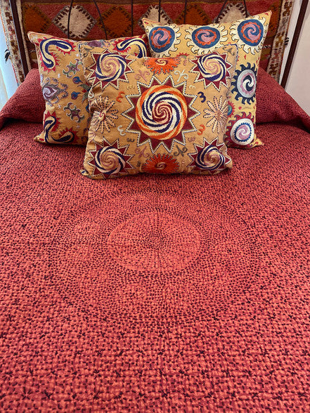 Hand Stitched Rose Red Cotton Queen Quilt India