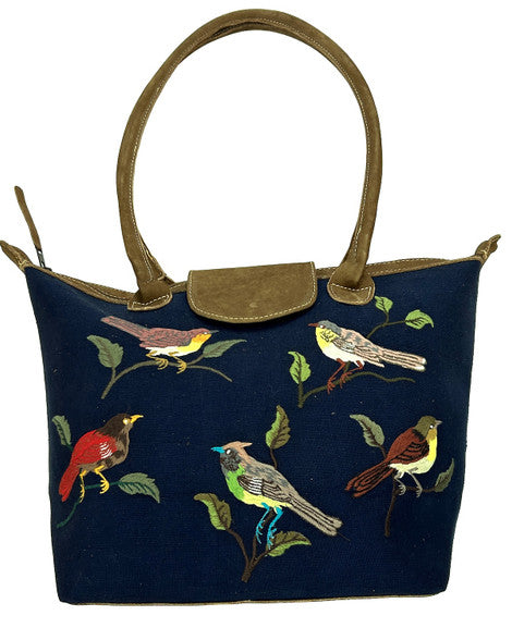 Handwoven Embroidered Navy with Leather Day Purse Guatemala