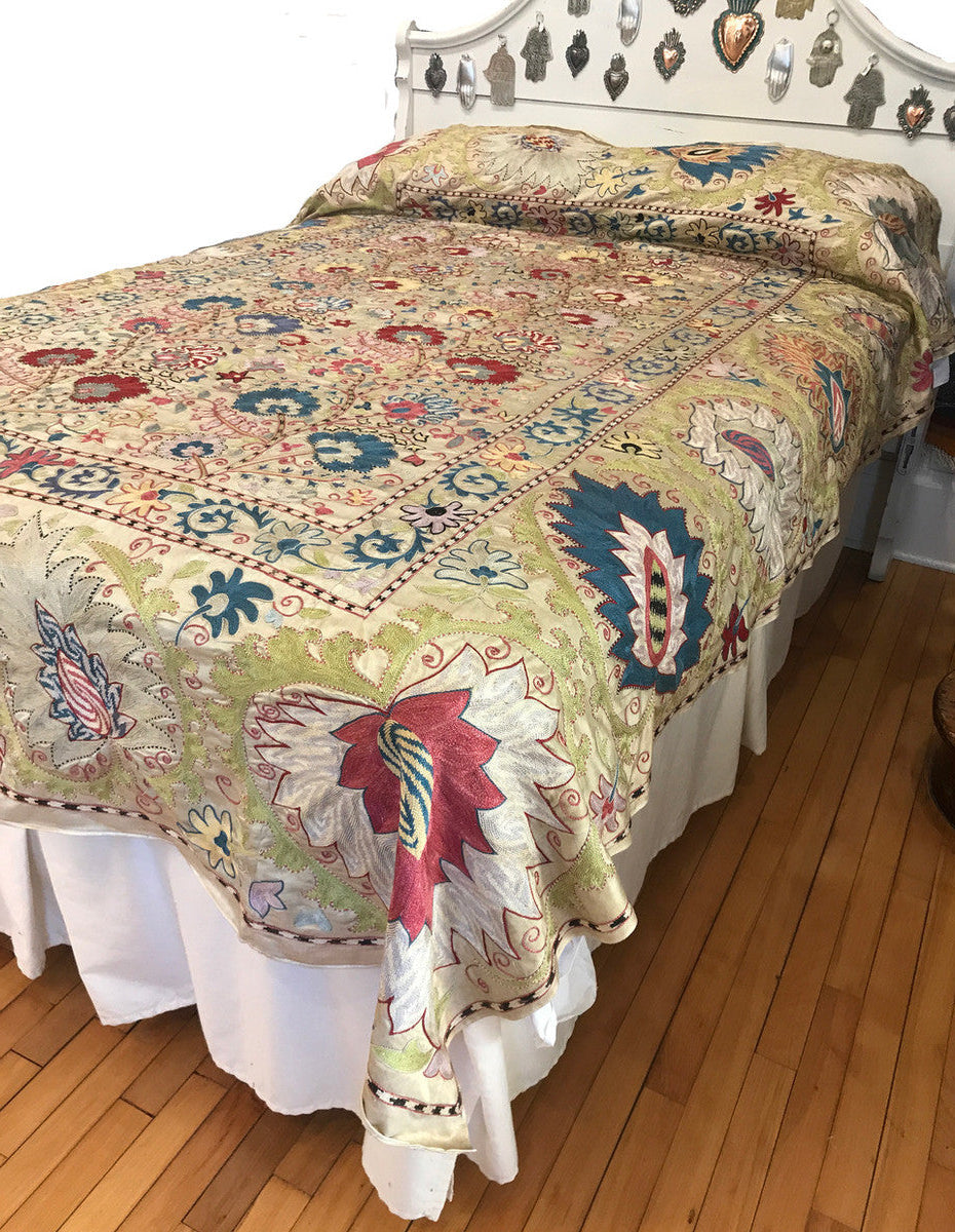 Hand Embroidered Silk Suzani single or full Coverlet Uzbekistan Colors; ground cloth in old gold, embroidery colors golden spring green, prussian blue, robins egg blue, chalky brick red, rich red, silver sand and more