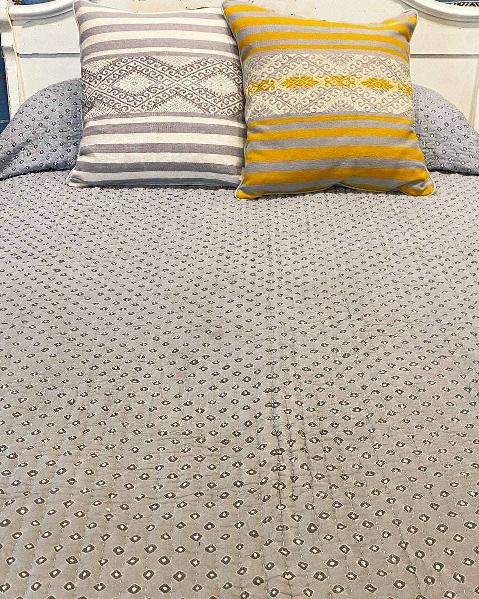Hand Dyed Bandhani Tie Dyed Cotton Bed Spread Coverlet India Colors: soft medium grey with white dots.