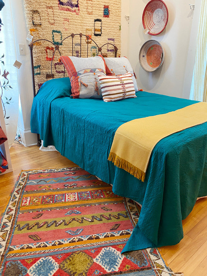 Tanka Stitched Light Weight Patchwork teal blue. Cotton Bed Spread Coverlet India